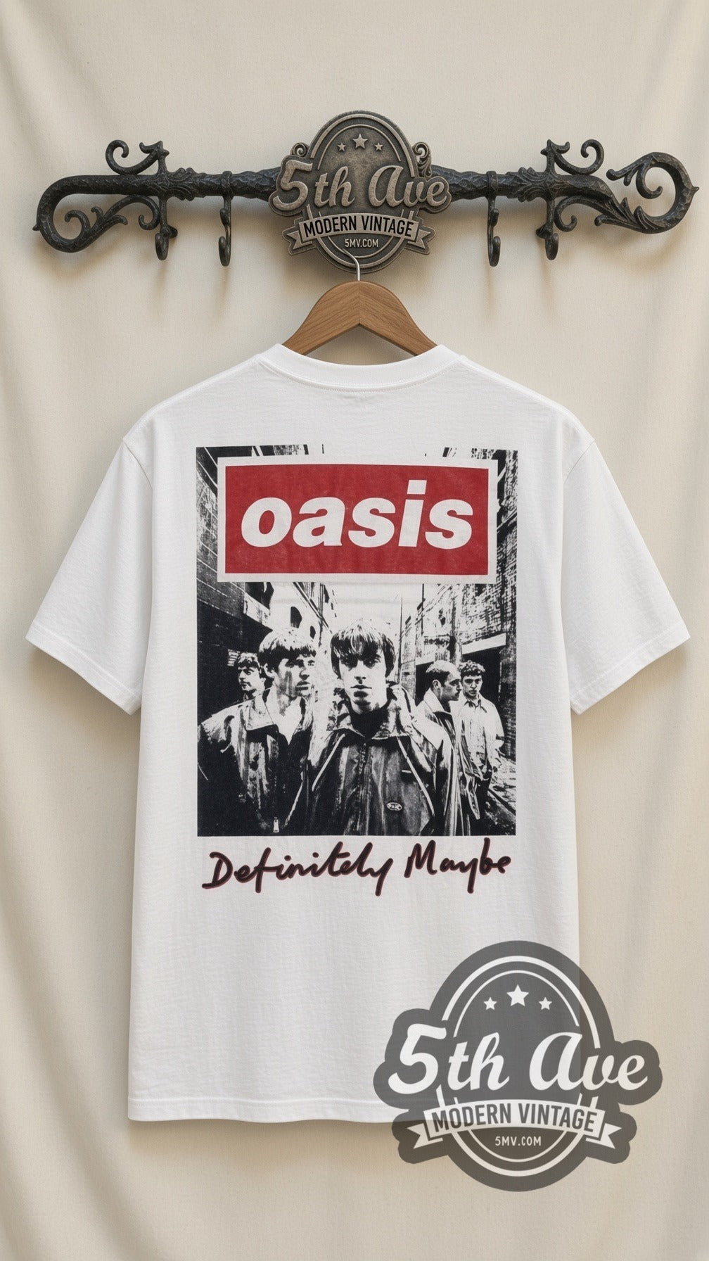 Oasis Definitely Maybe vintage band t-shirt in white, back view on the 5MV rack