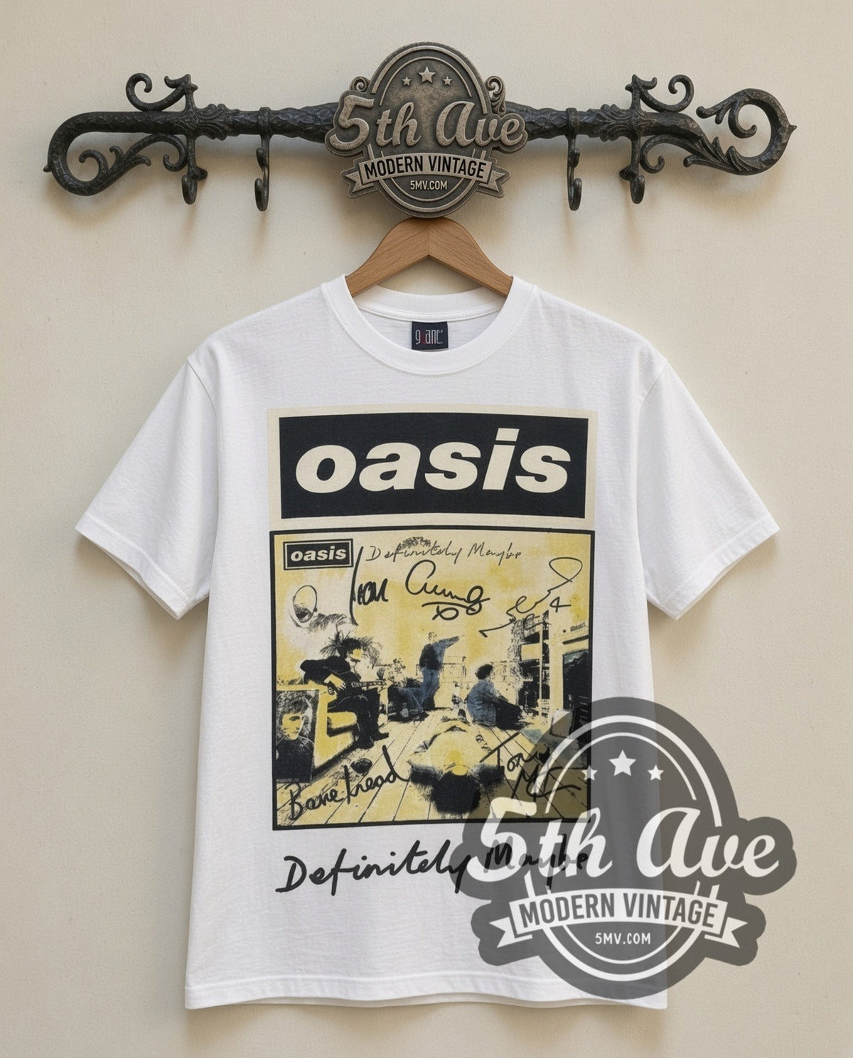 Oasis Definitely Maybe vintage band t-shirt in white, front view on the 5MV rack