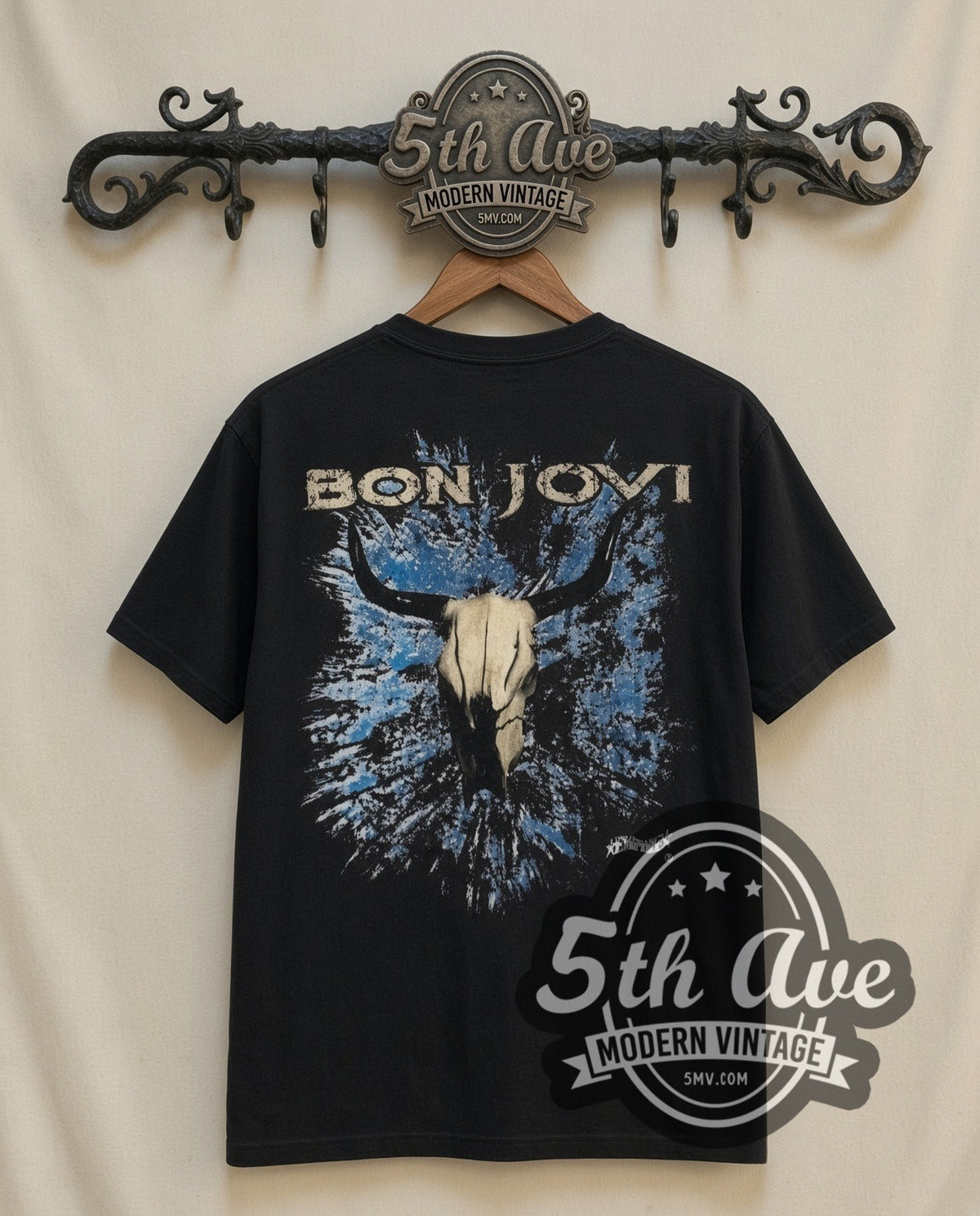 Bon Jovi Stage Duo vintage band t-shirt in black, back view on a display rack