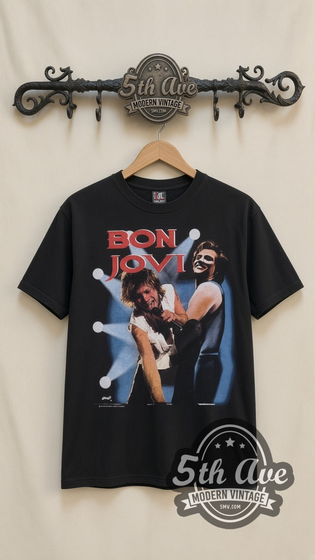 Bon Jovi Stage Duo vintage band t-shirt in black, front view on a display rack