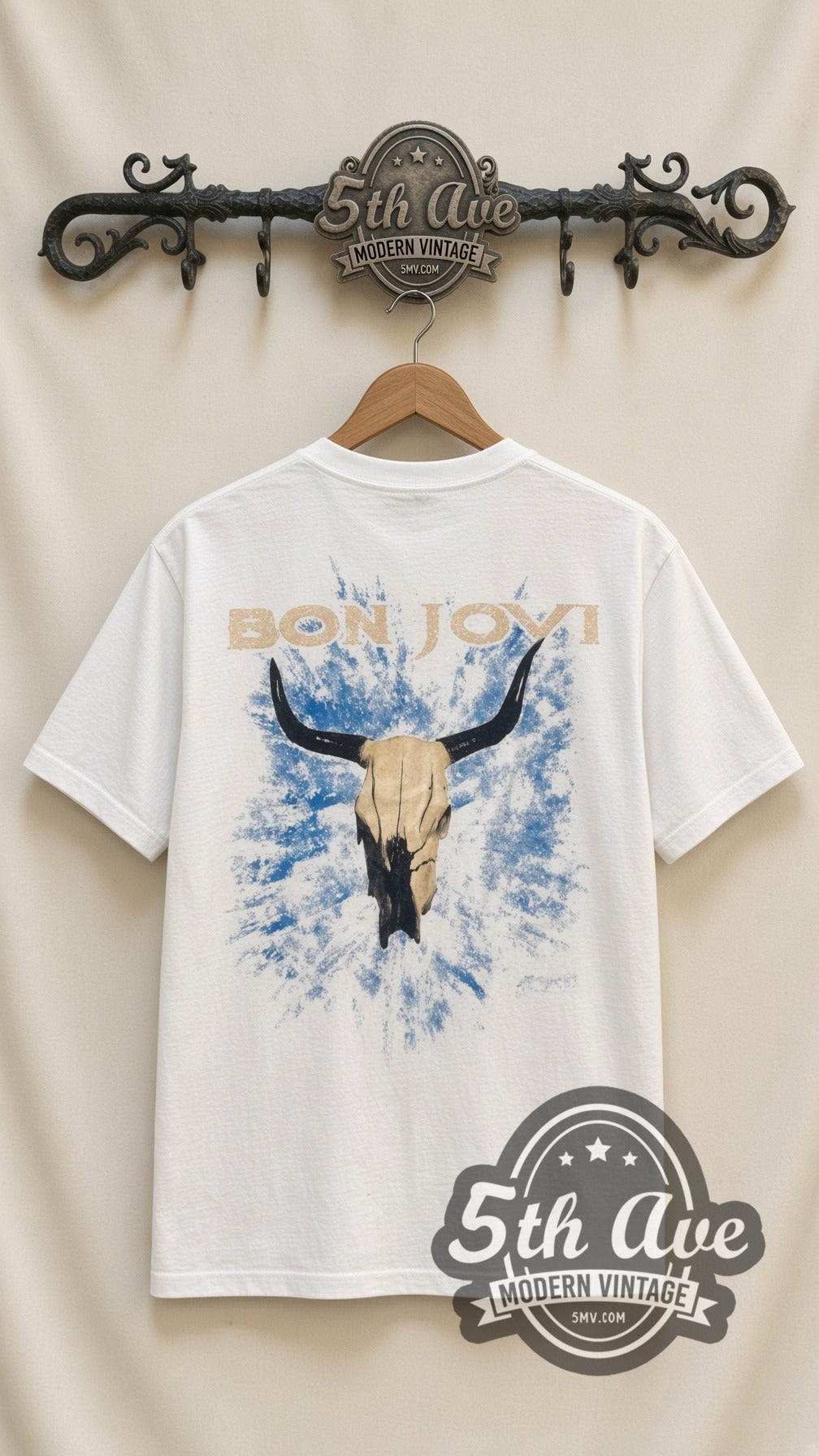 Bon Jovi Stage Duo vintage band t-shirt in white, back view on a display rack