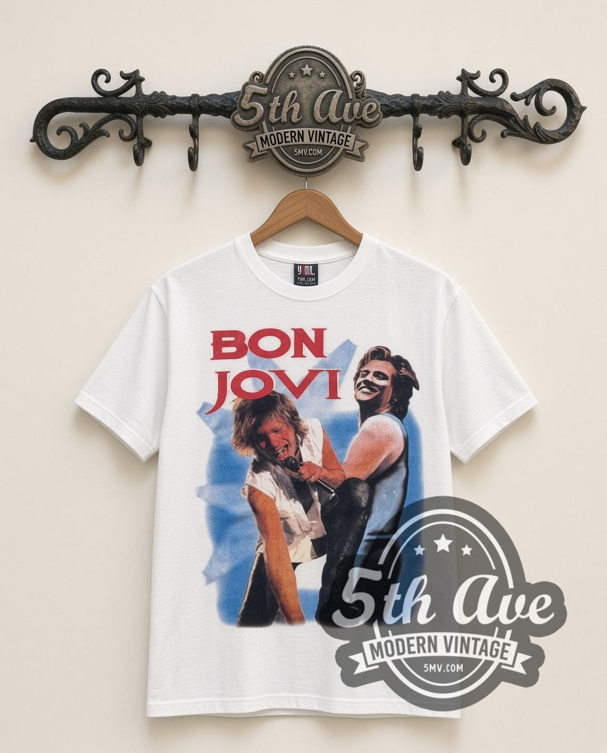 Bon Jovi Stage Duo vintage band t-shirt in white, front view on a display rack