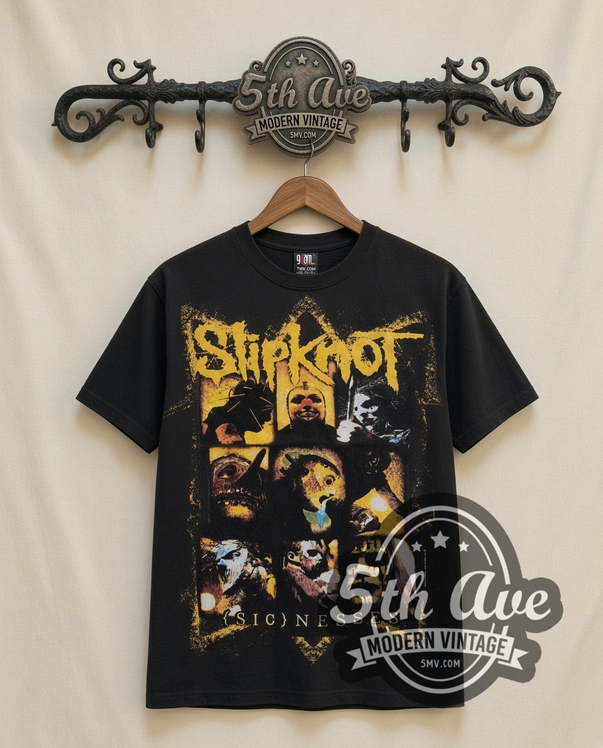 Slipknot Masks vintage band t-shirt in black, front view on the 5MV rack