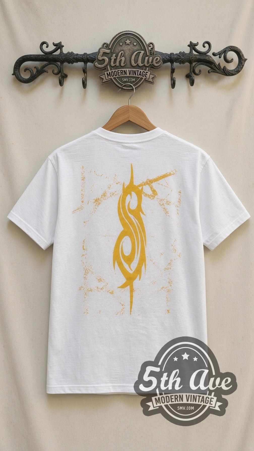 Slipknot Masks vintage band t-shirt in white, back view on a display rack