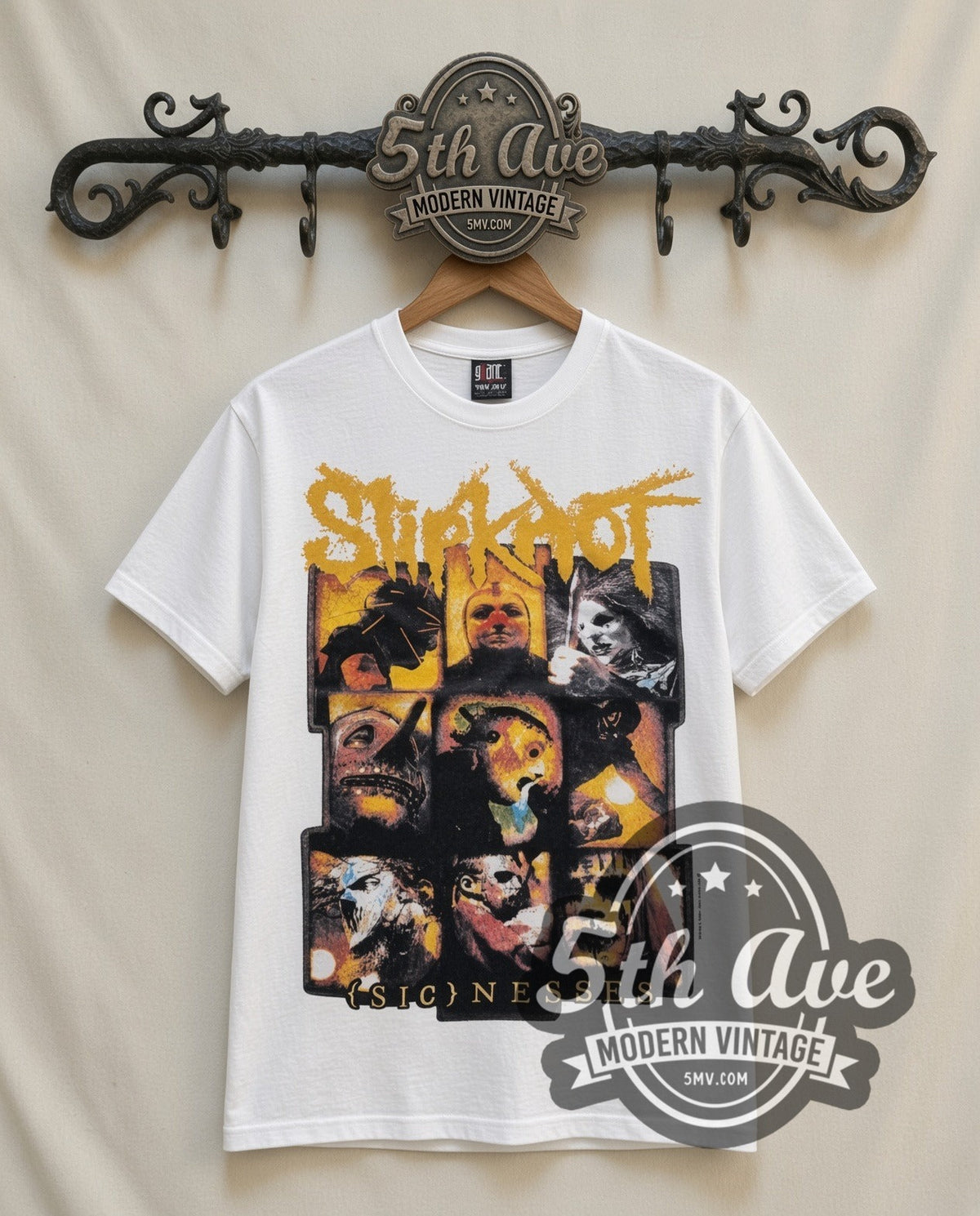 Slipknot Masks vintage band t-shirt in white, front view on a display rack
