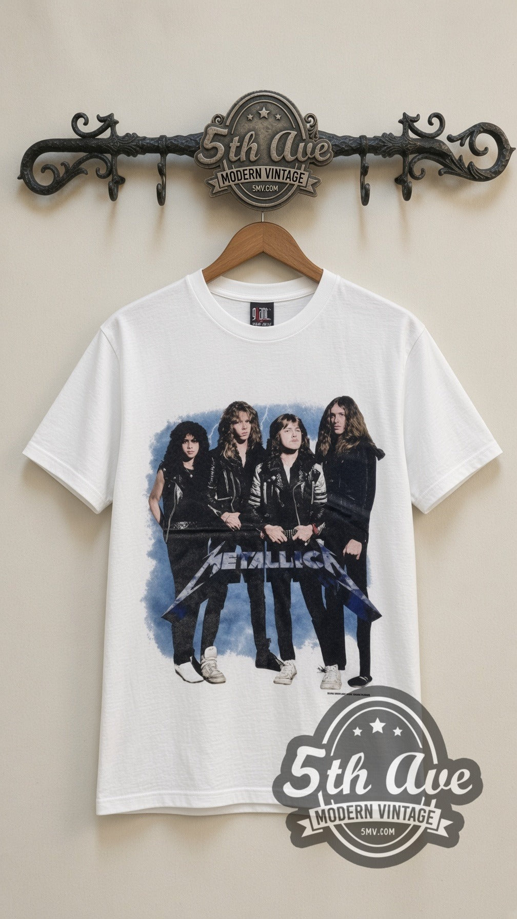 Metallica Group Photo vintage band t-shirt in white, front view on the 5MV rack