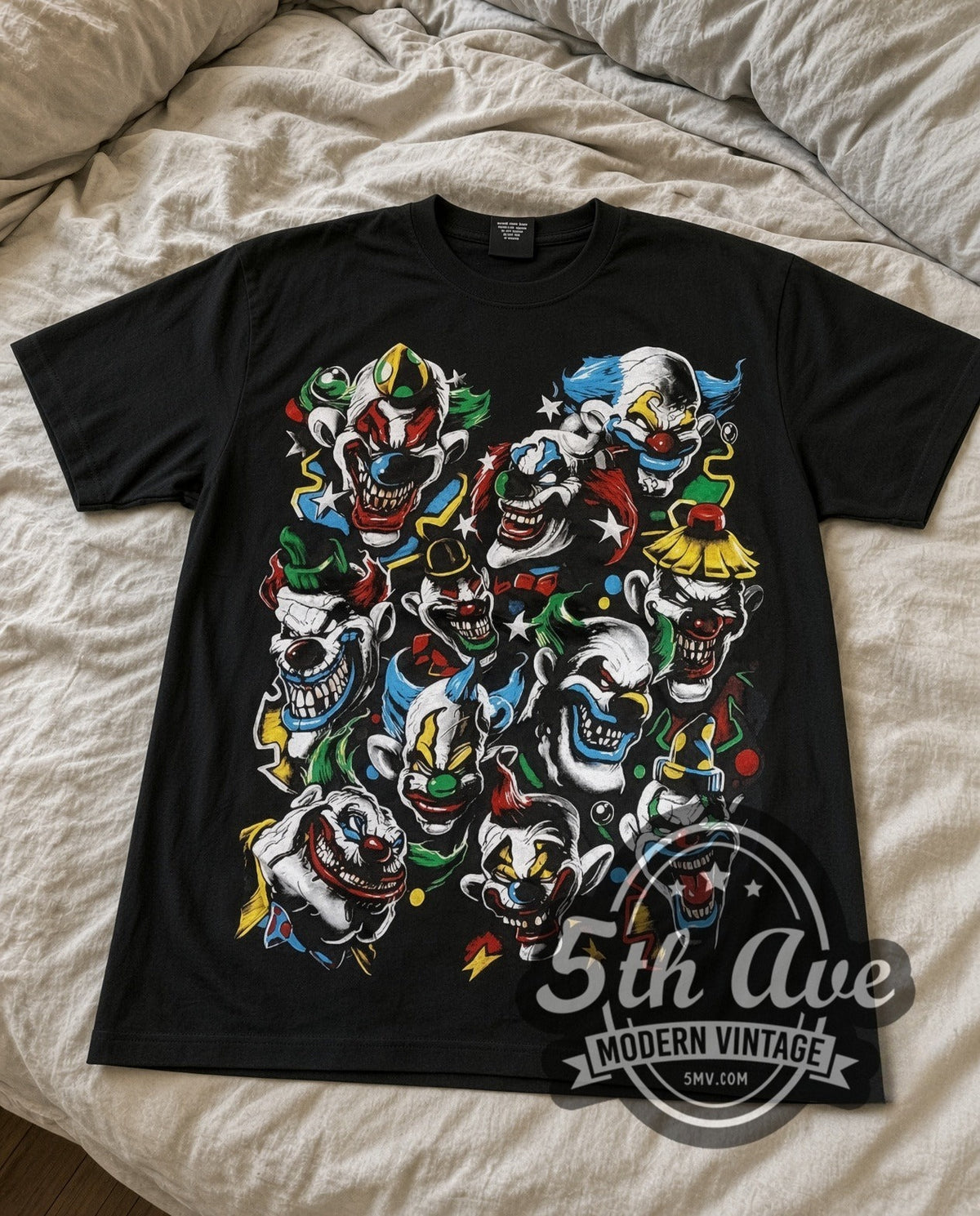 Clown Flash Many Faces vintage cartoon tee laid flat