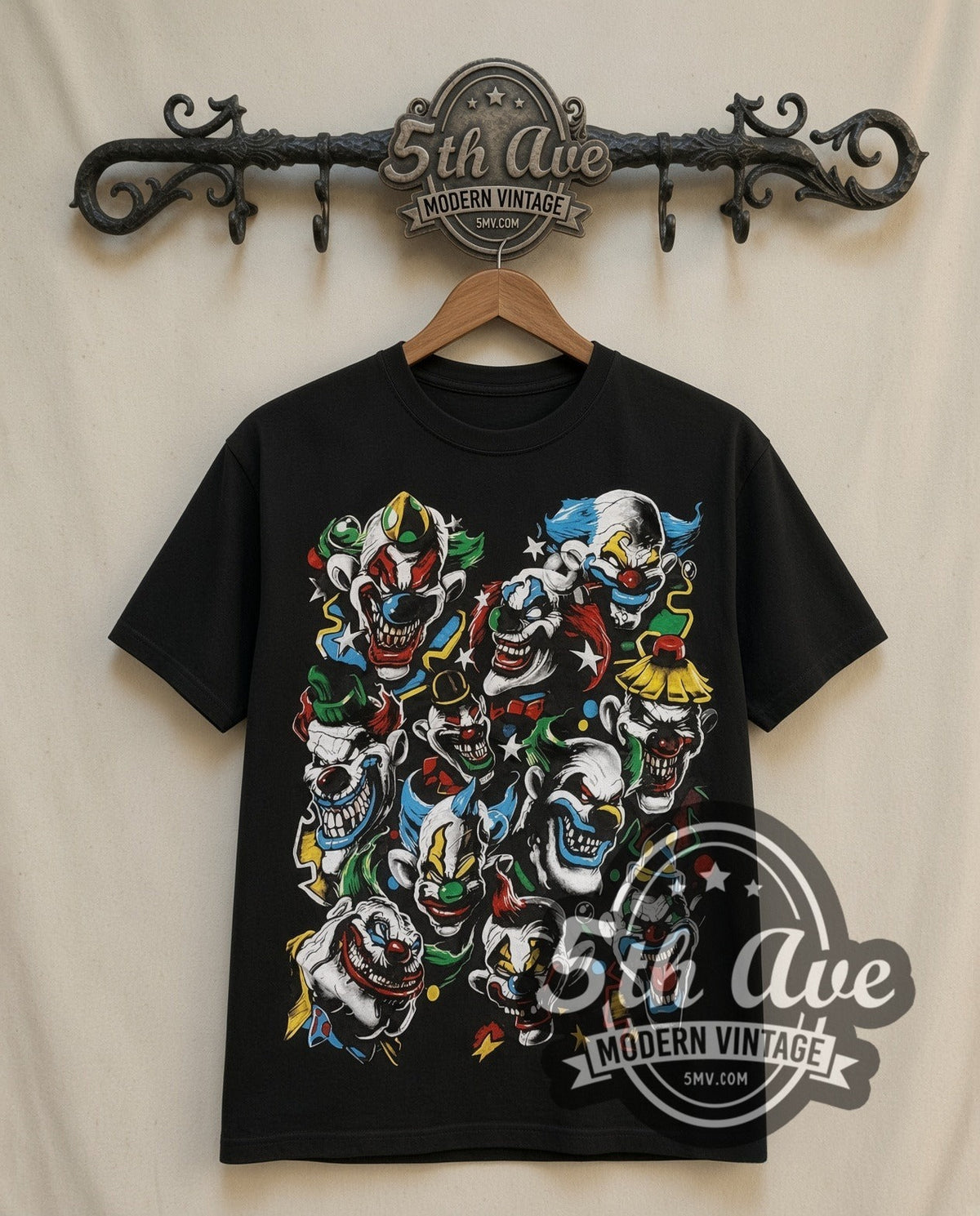 Clown Flash Many Faces vintage cartoon t-shirt, front view on a display rack