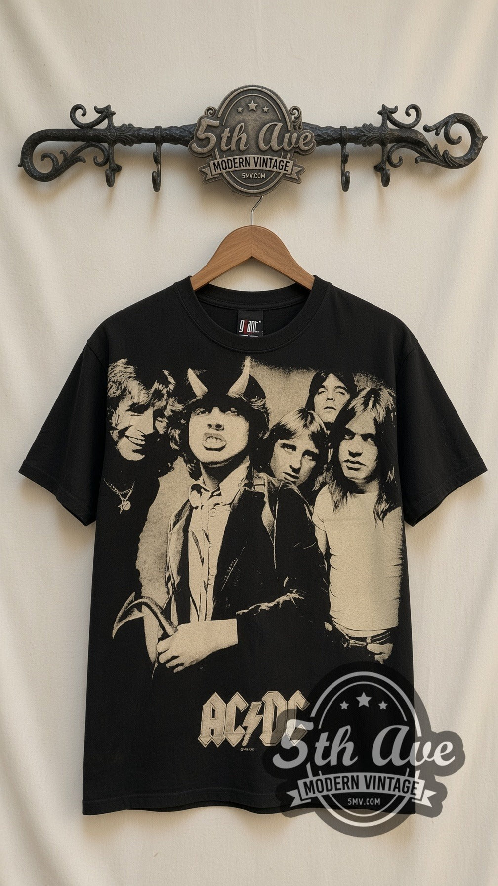 AC/DC Band Photo vintage band t-shirt, front view on the 5MV rack