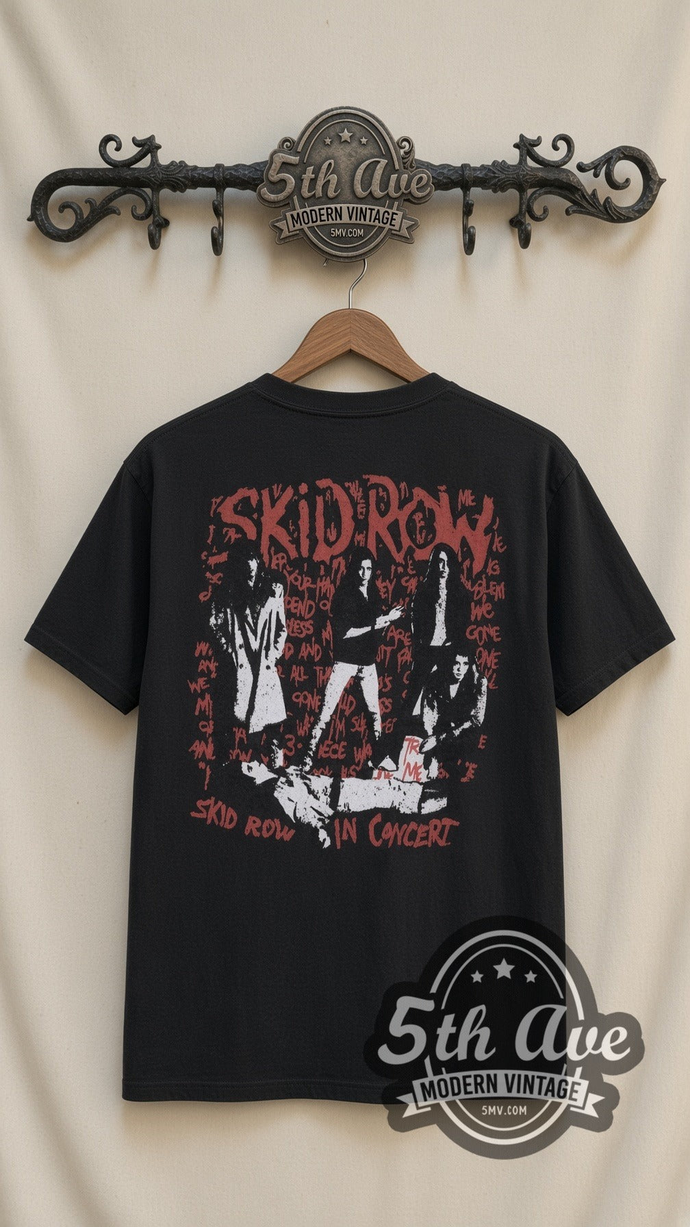 Skid Row On Tour vintage band t-shirt, back view on a display rack