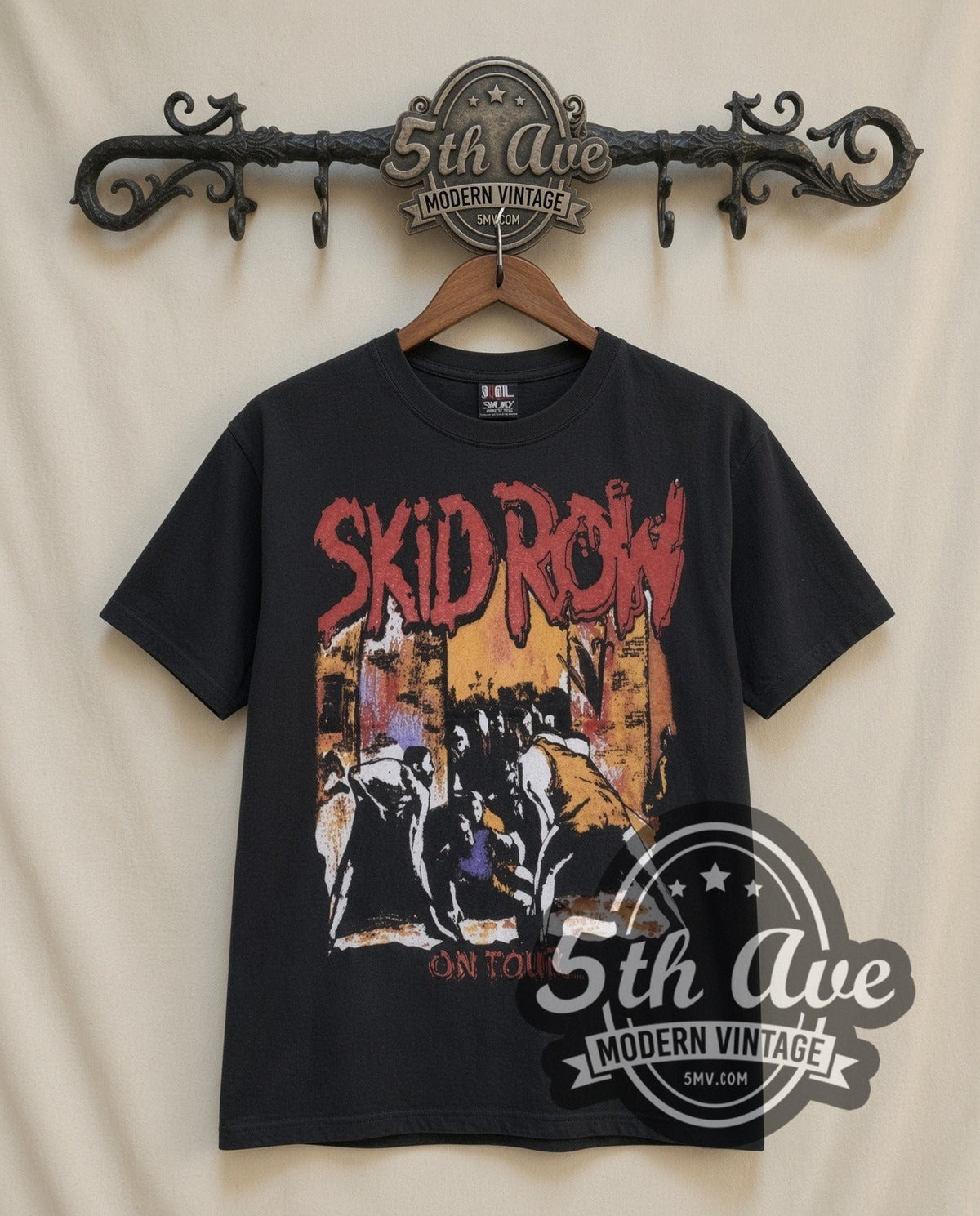 Skid Row On Tour vintage band t-shirt, front view on a display rack