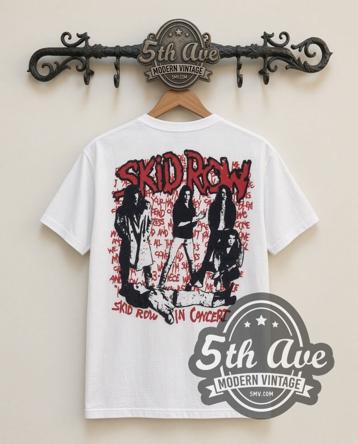Skid Row On Tour vintage band t-shirt in white, back view on a display rack