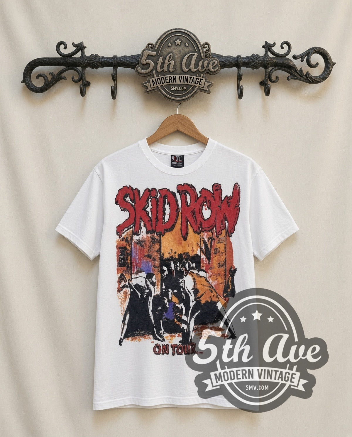 Skid Row On Tour vintage band t-shirt in white, front view on a display rack