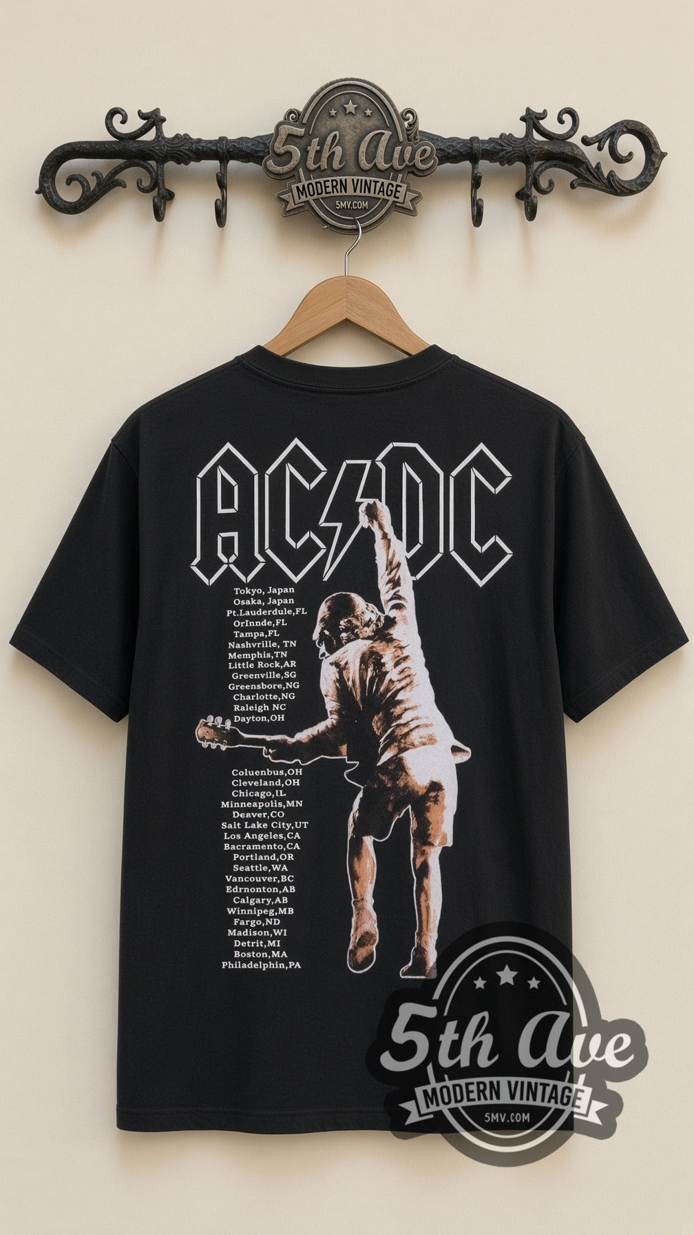 AC/DC Angus Live vintage band t-shirt in black, back view on the 5MV rack