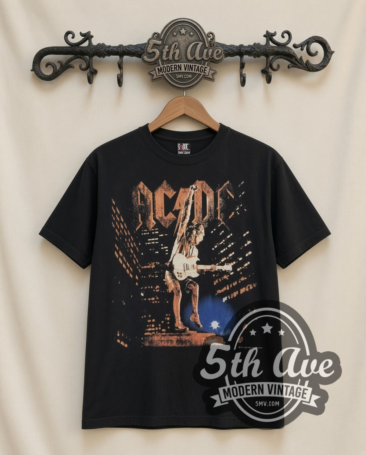 AC/DC Angus Live vintage band t-shirt in black, front view on the 5MV rack