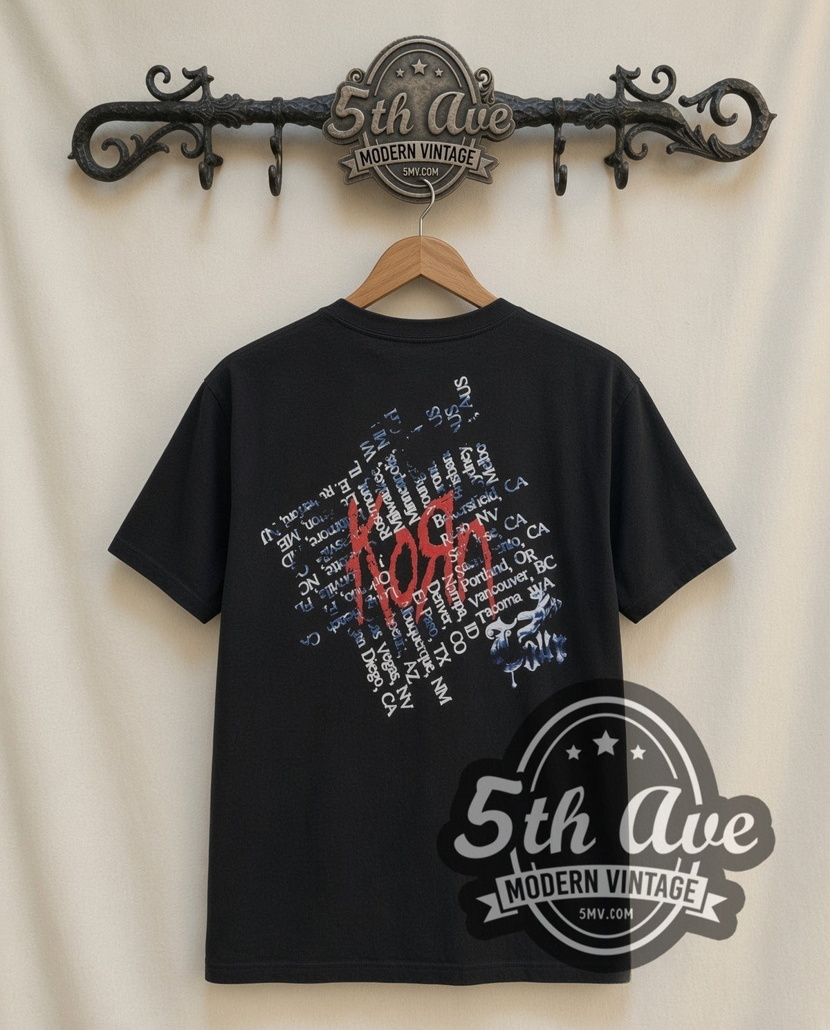 Korn Bunny Doll vintage band t-shirt in black, back view on a display rack