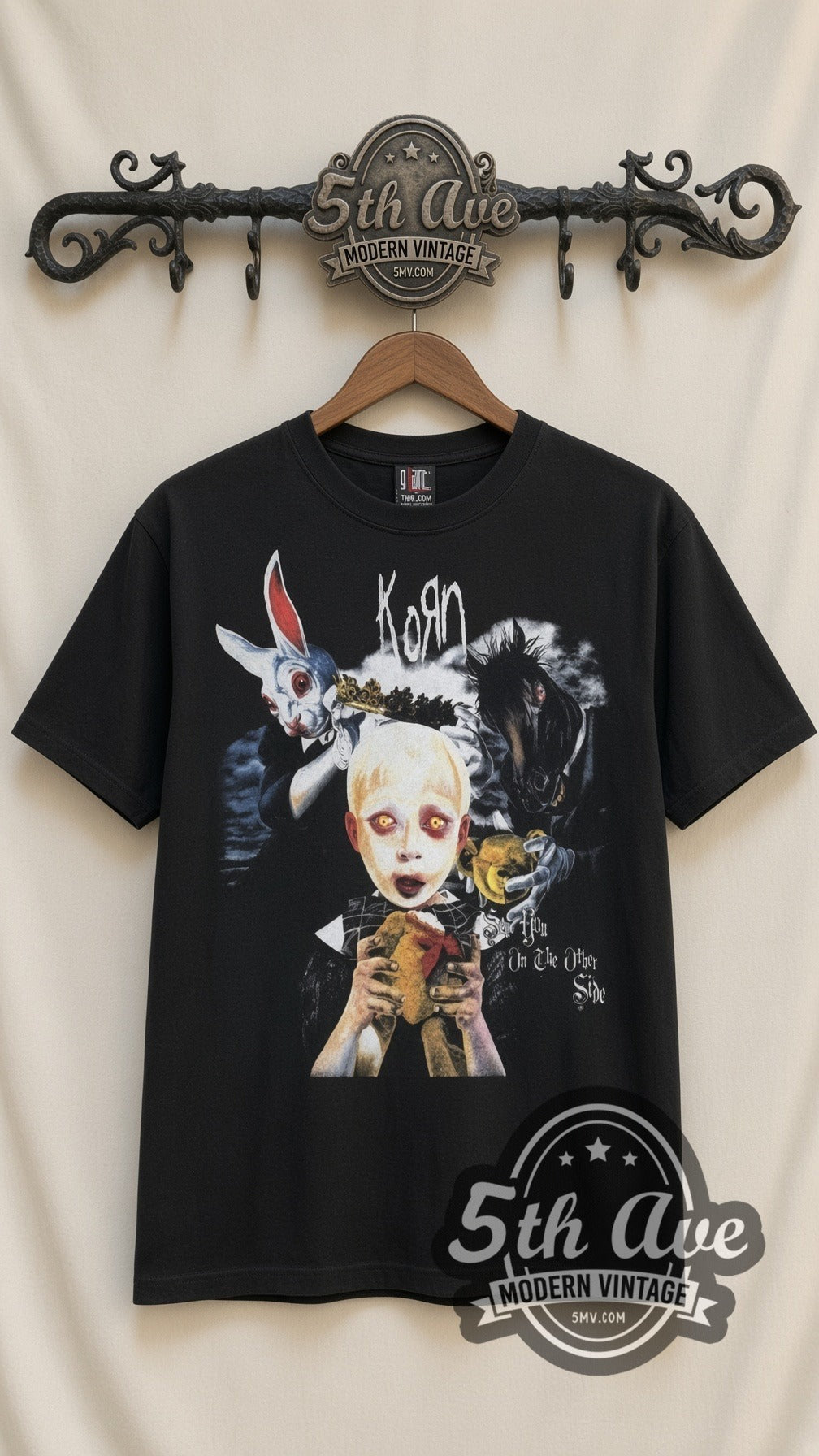 Korn Bunny Doll vintage band t-shirt in black, front view on a display rack