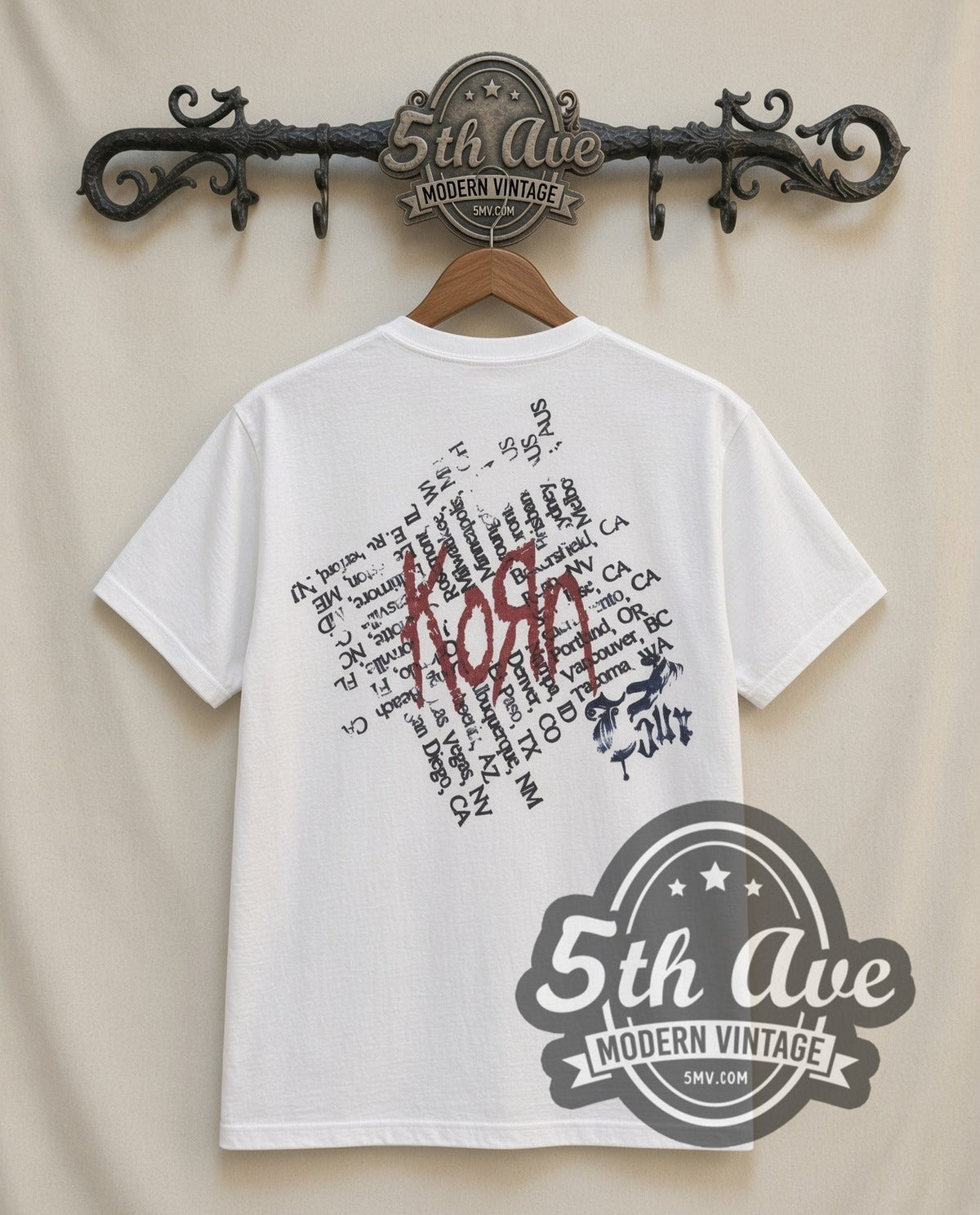 Korn Bunny Doll vintage band t-shirt in white, back view on a display rack