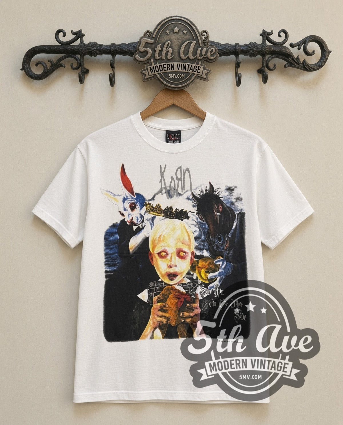 Korn Bunny Doll vintage band t-shirt in white, front view on a display rack