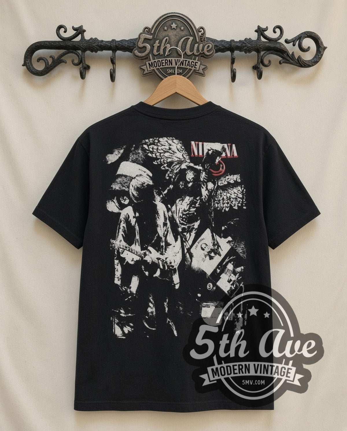Kurt Cobain Wide Eyes vintage band t-shirt, back view on a display rack