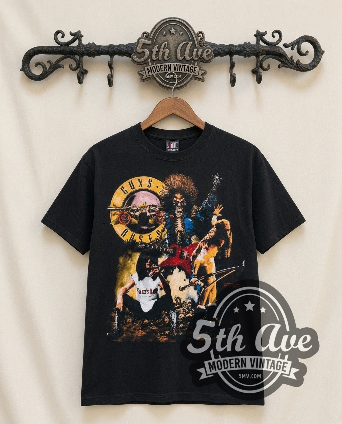 Guns N Roses Appetite Circle vintage band t-shirt in black, front view on the 5MV rack