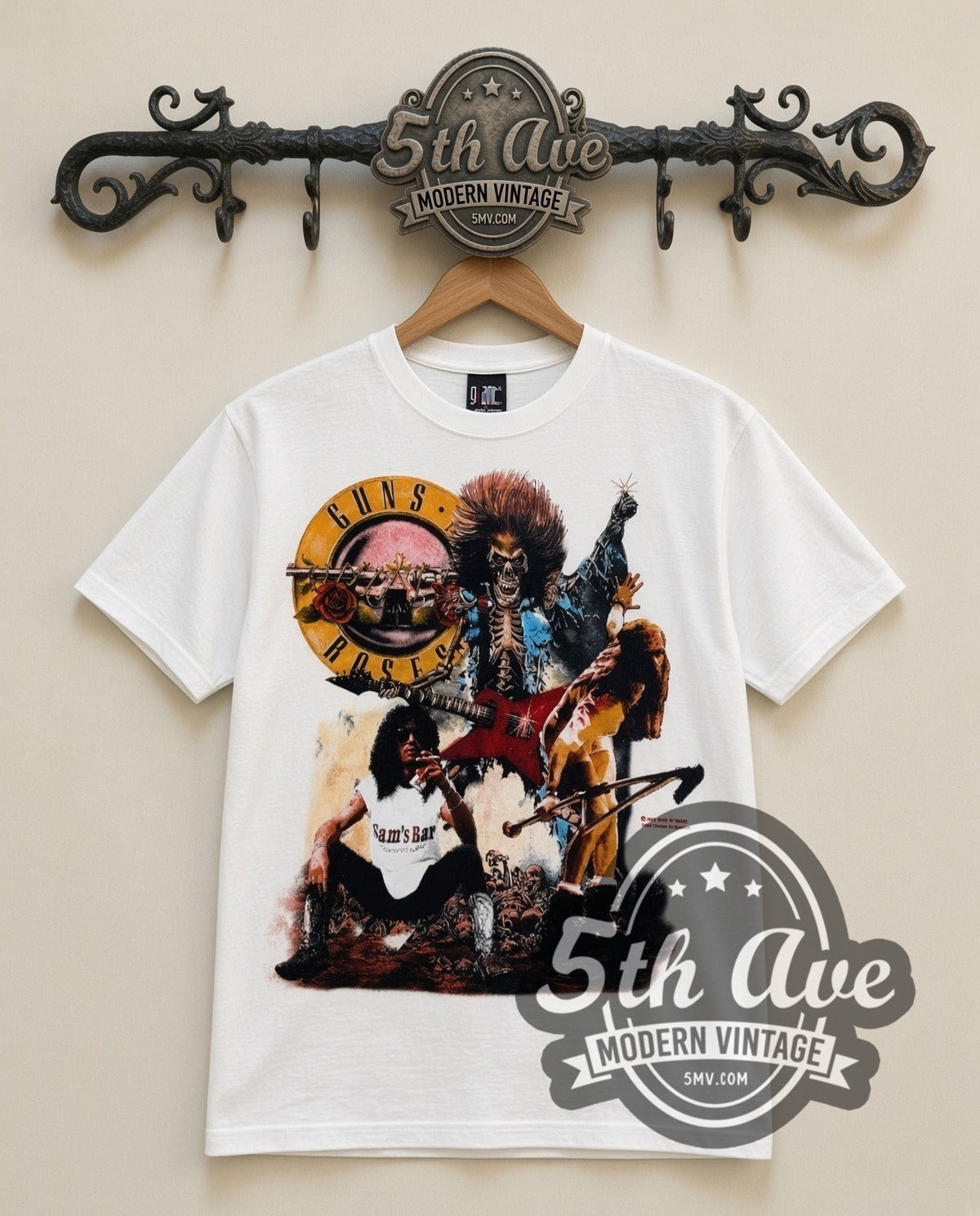 Guns N Roses Appetite Circle vintage band t-shirt in white, front view on the 5MV rack