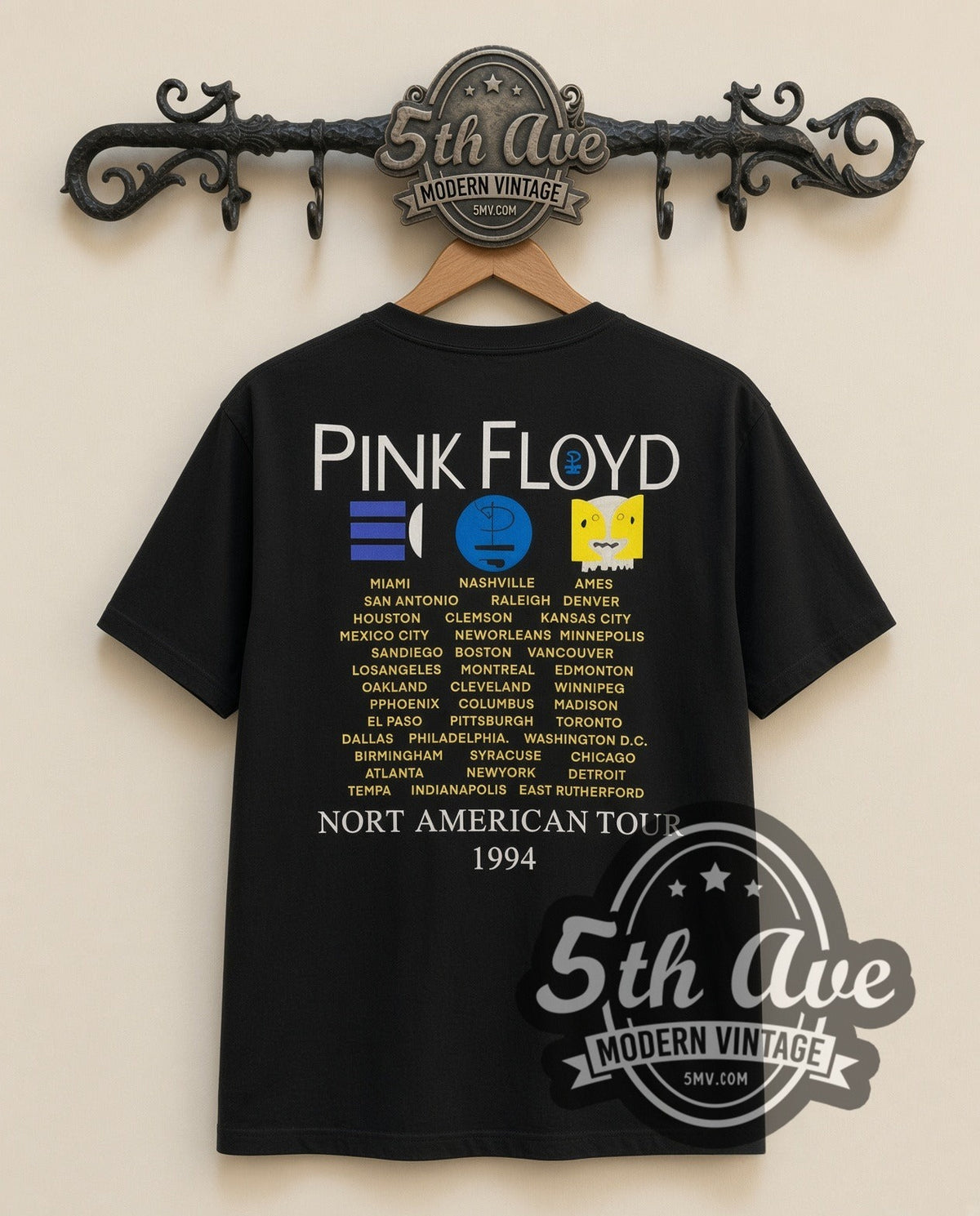 Pink Floyd Division Bell vintage band t-shirt in black, back view on the 5MV rack