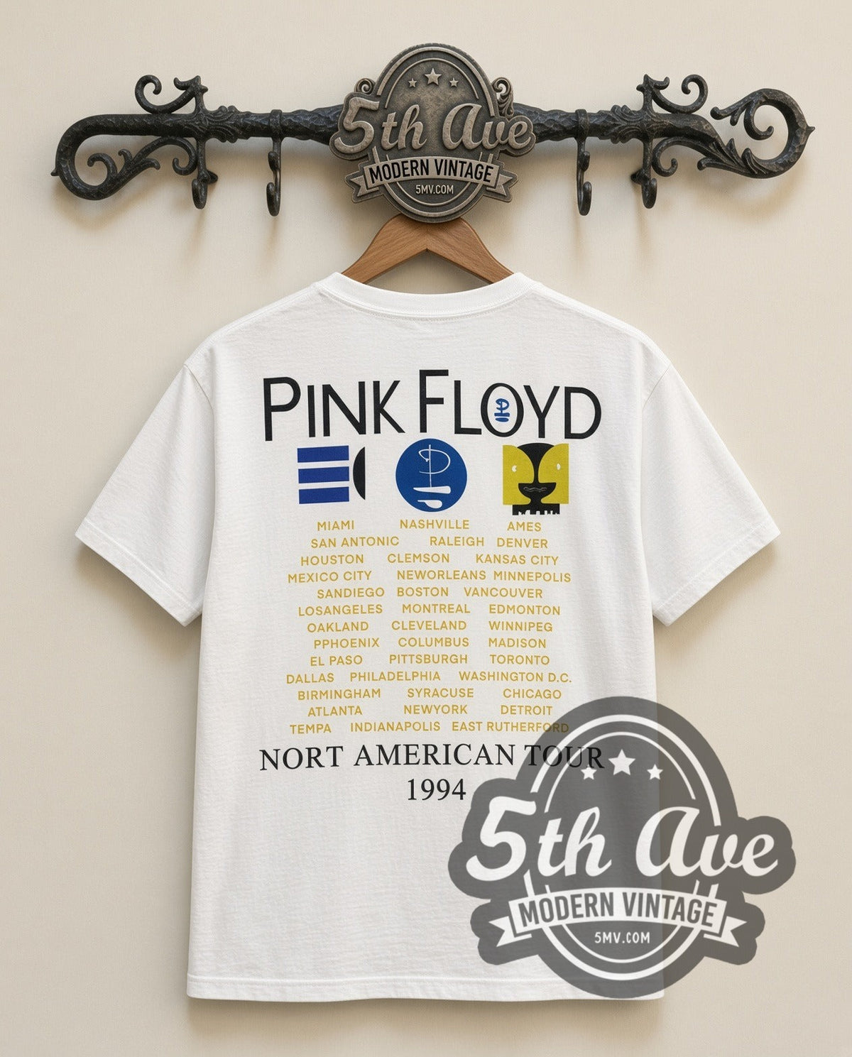 Pink Floyd Division Bell vintage band t-shirt in white, back view on the 5MV rack