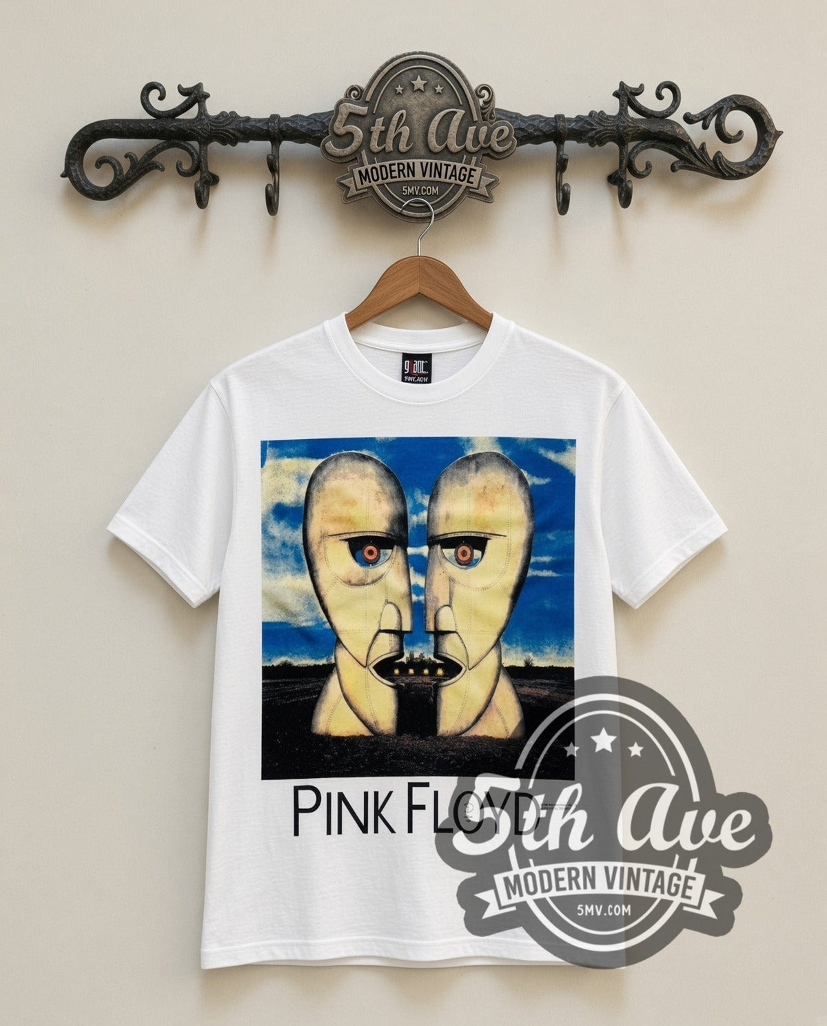 Pink Floyd Division Bell vintage band t-shirt in white, front view on the 5MV rack