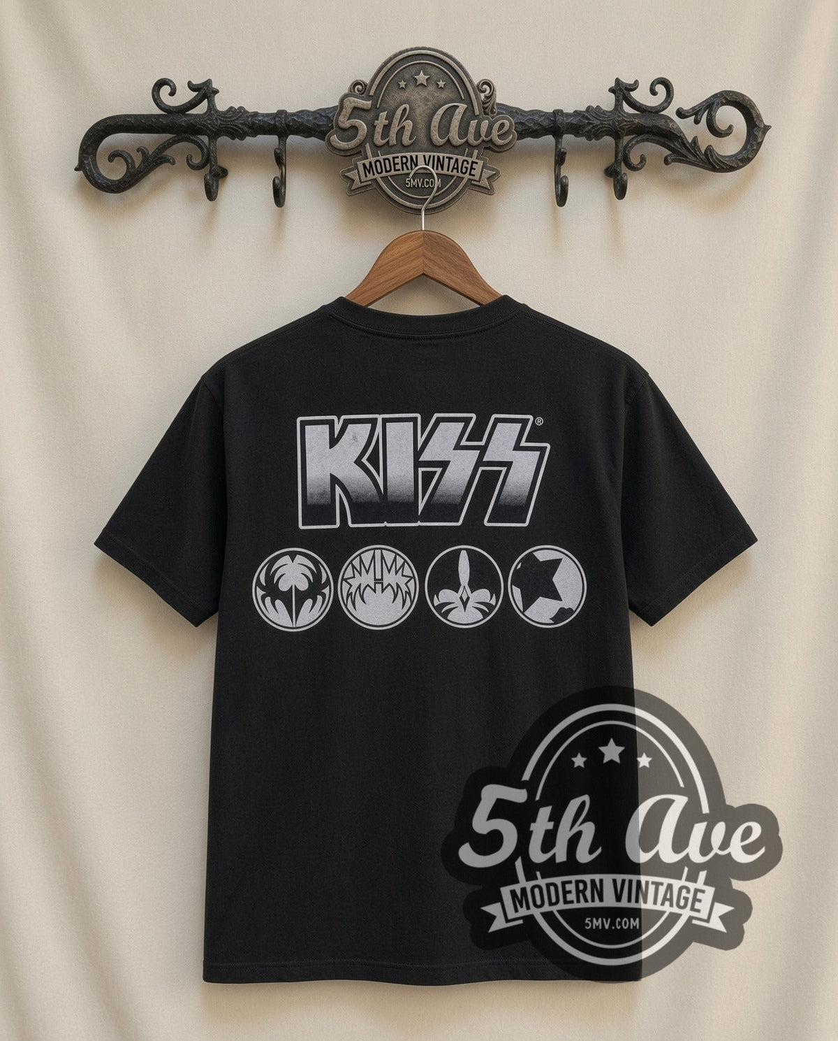 KISS Four Faces vintage band t-shirt, back view on the 5MV rack