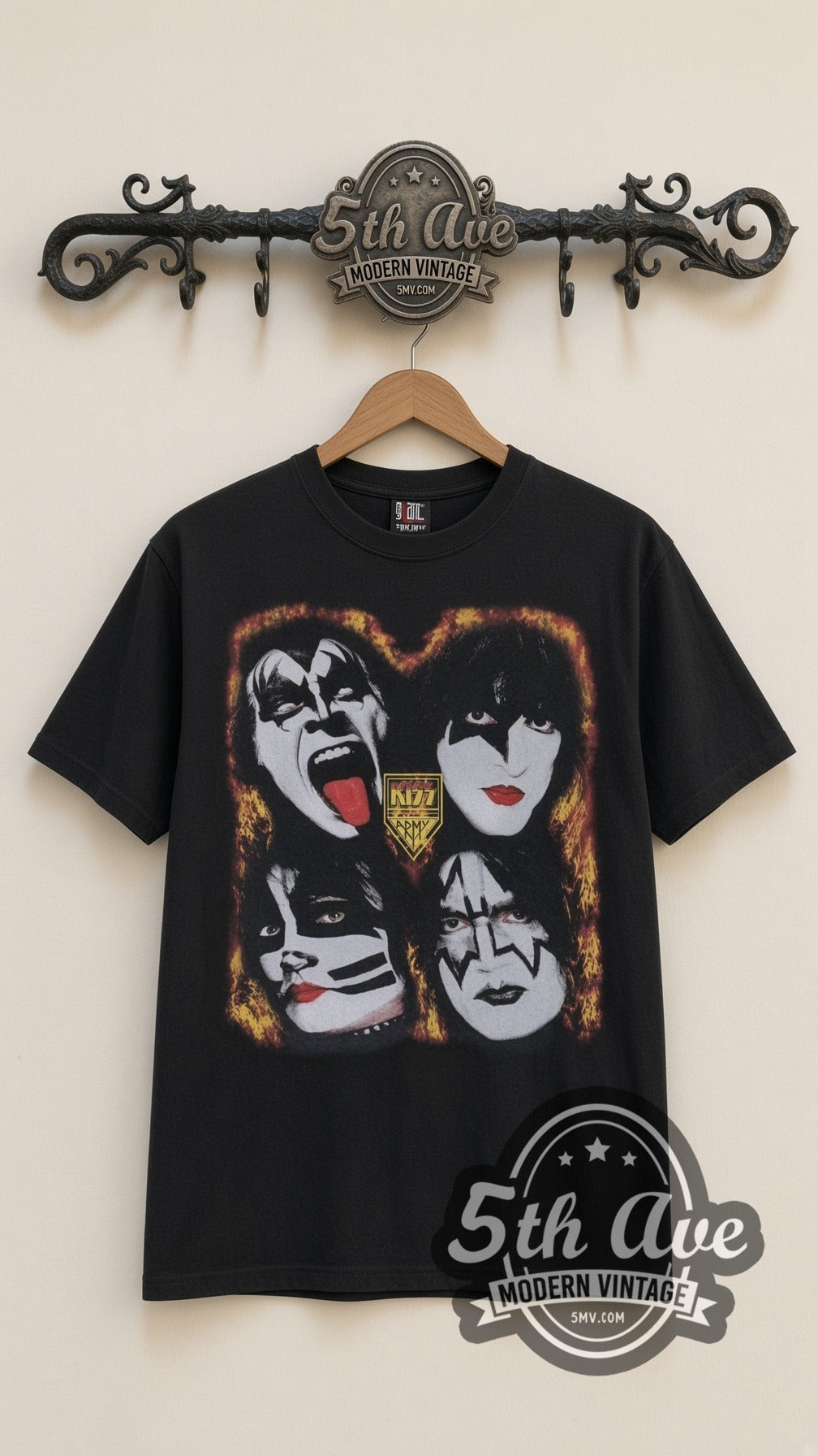 KISS Four Faces vintage band t-shirt, front view on the 5MV rack