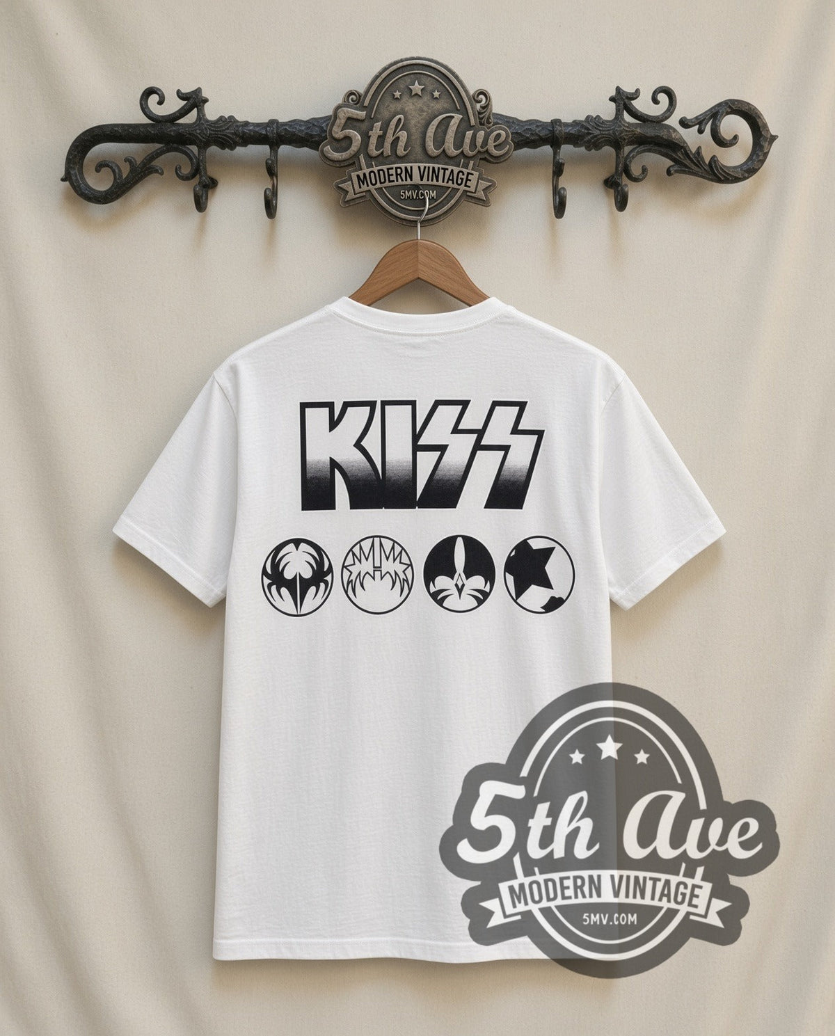 KISS Four Faces vintage band t-shirt in white, back view on a display rack