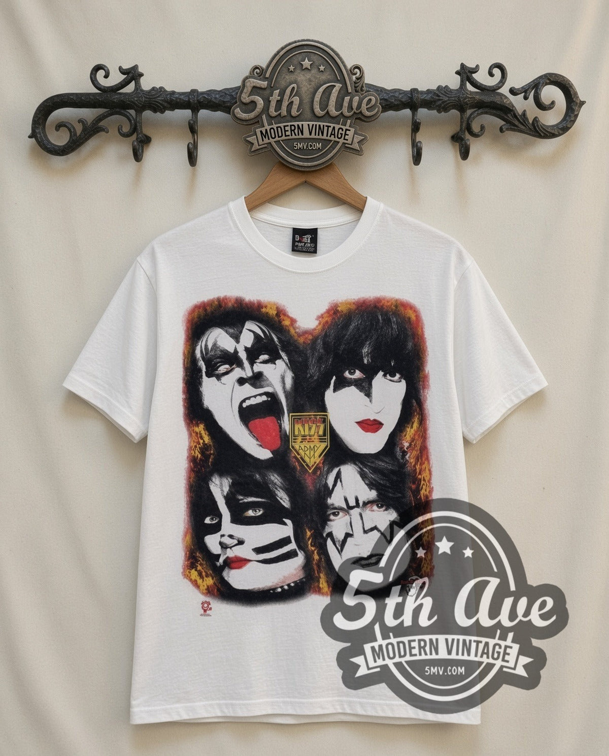 KISS Four Faces vintage band t-shirt in white, front view on a display rack