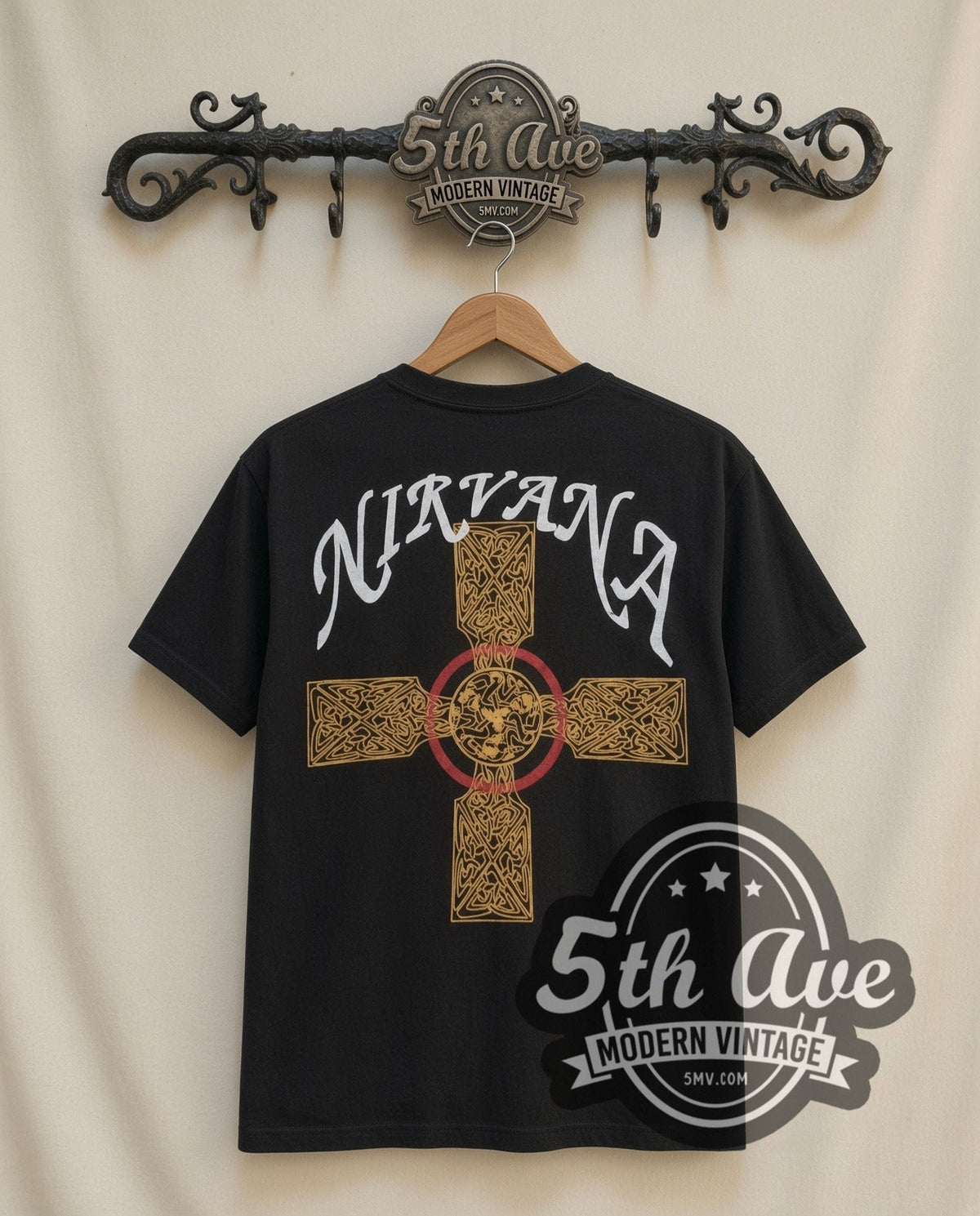 Nirvana Orange Moon vintage band t-shirt in black, back view on the 5MV rack