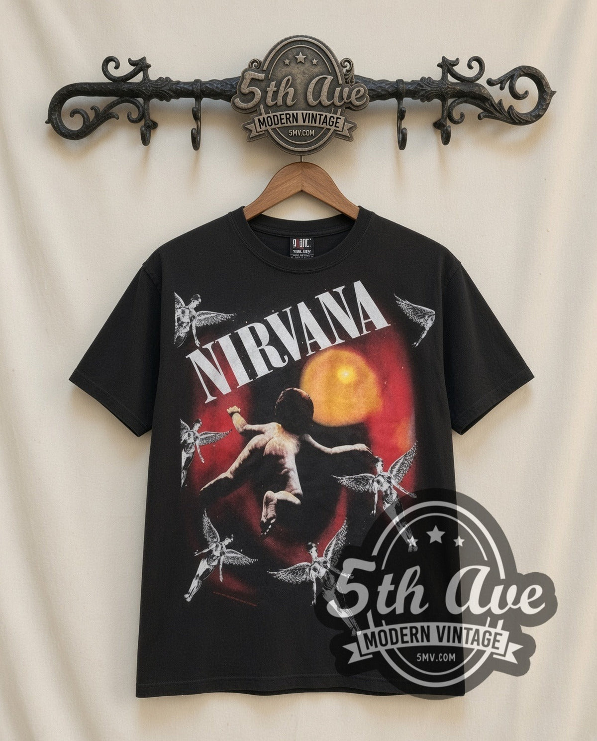 Nirvana Orange Moon vintage band t-shirt in black, front view on the 5MV rack