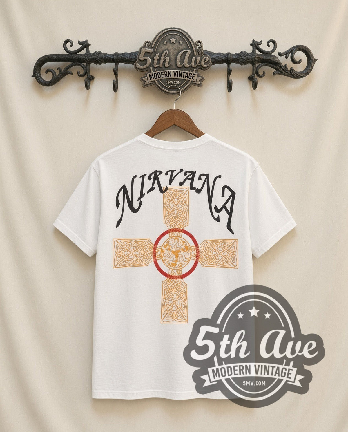 Nirvana Orange Moon vintage band t-shirt in white, back view on a display rack