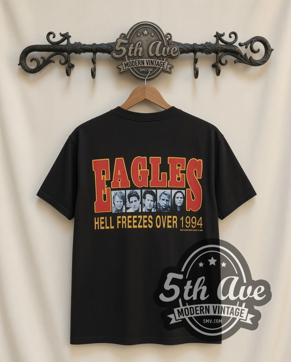 Eagles Hotel Sign vintage band t-shirt, back view on the 5MV rack