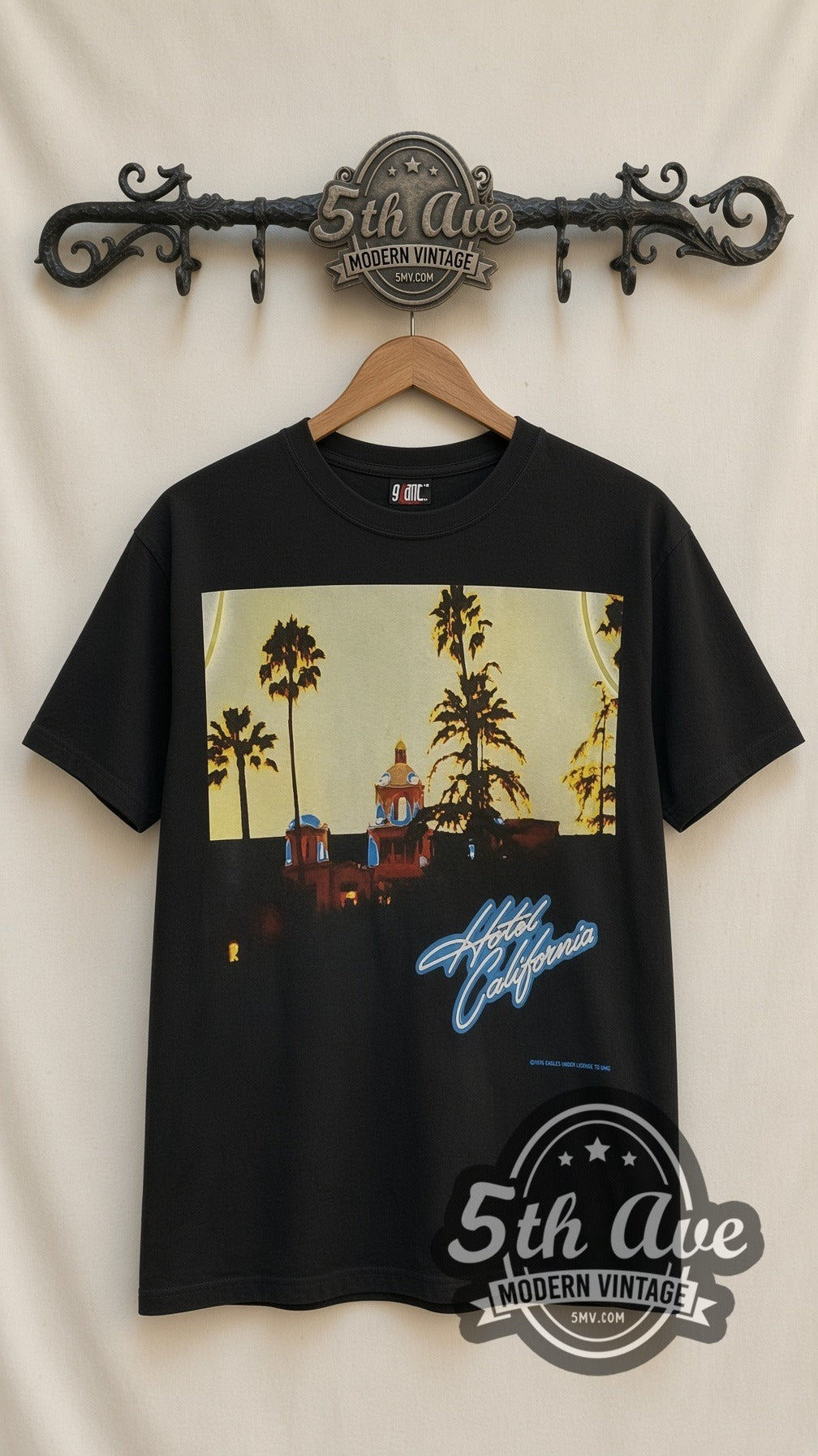 Eagles Hotel Sign vintage band t-shirt, front view on the 5MV rack
