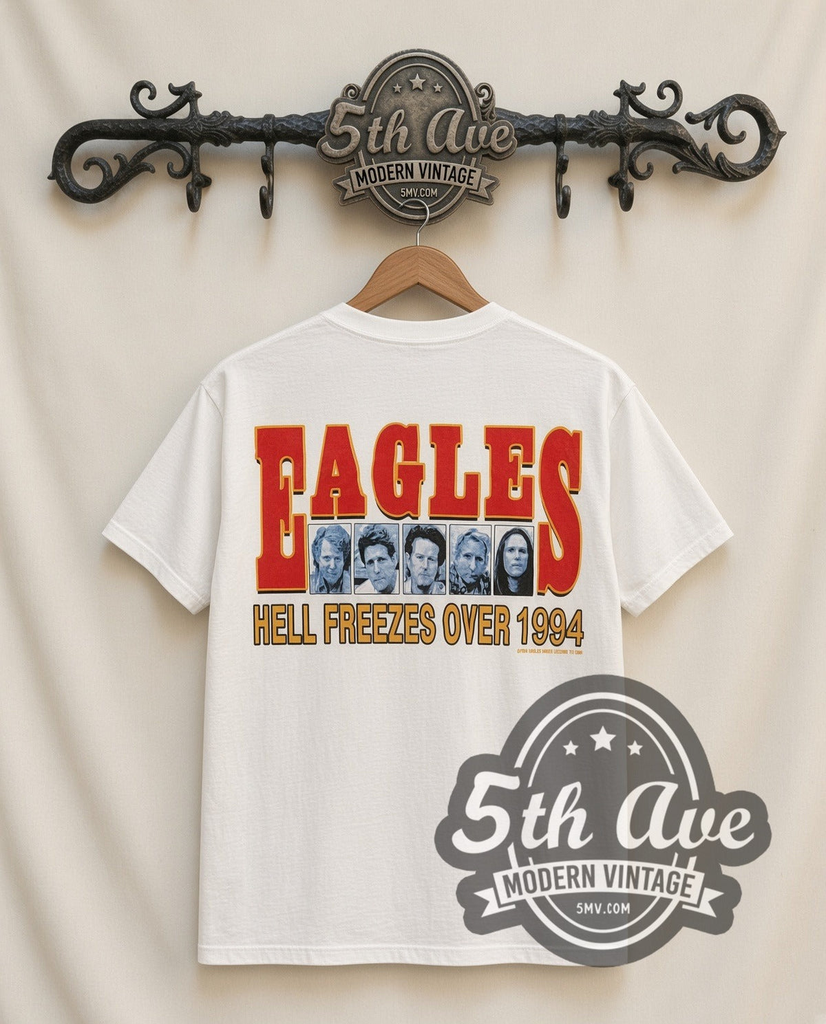 Eagles Hotel Sign vintage band t-shirt in white, back view on the 5MV rack