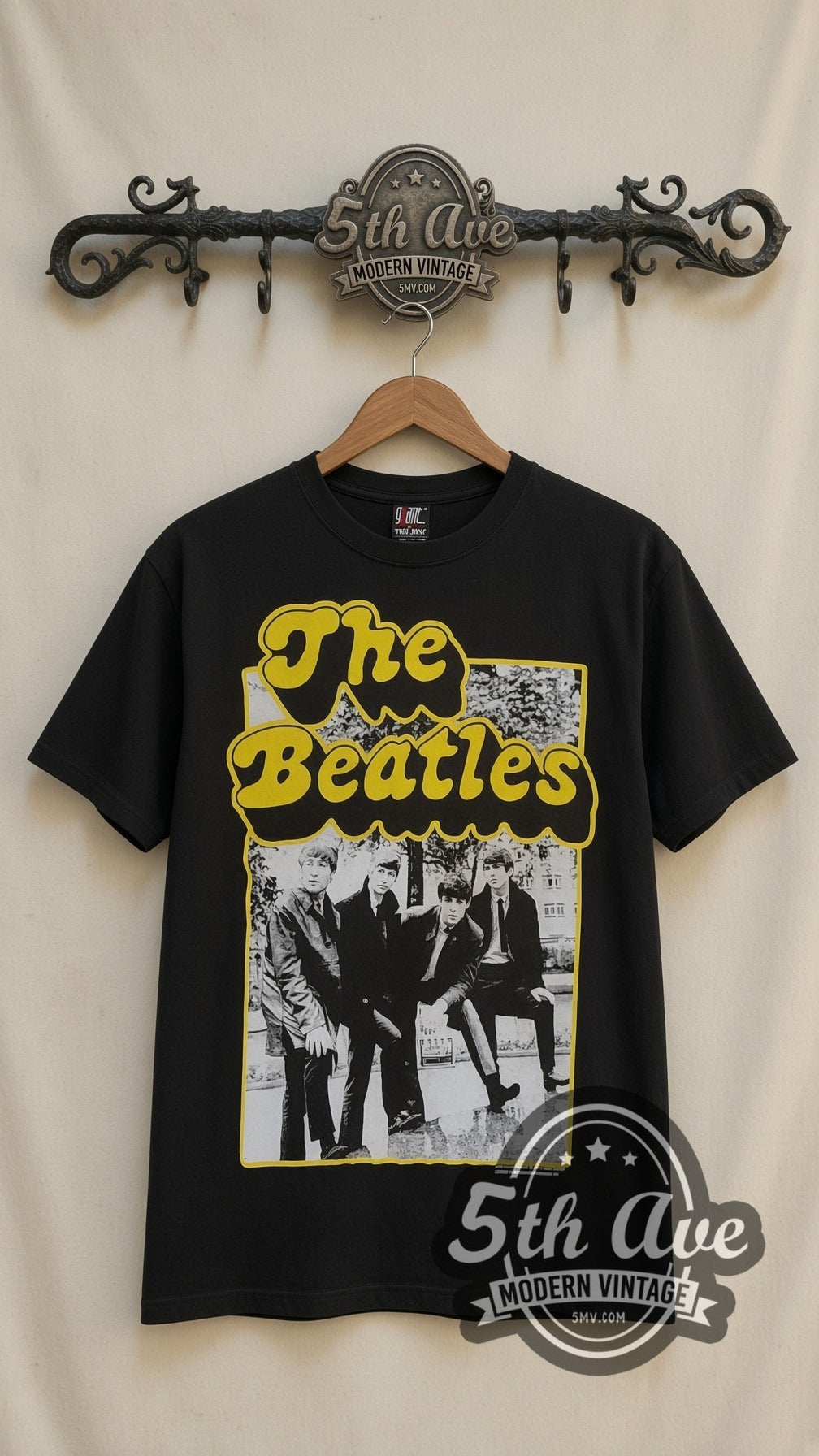 The Beatles Cartoon Band vintage band t-shirt in black, front view on the 5MV rack