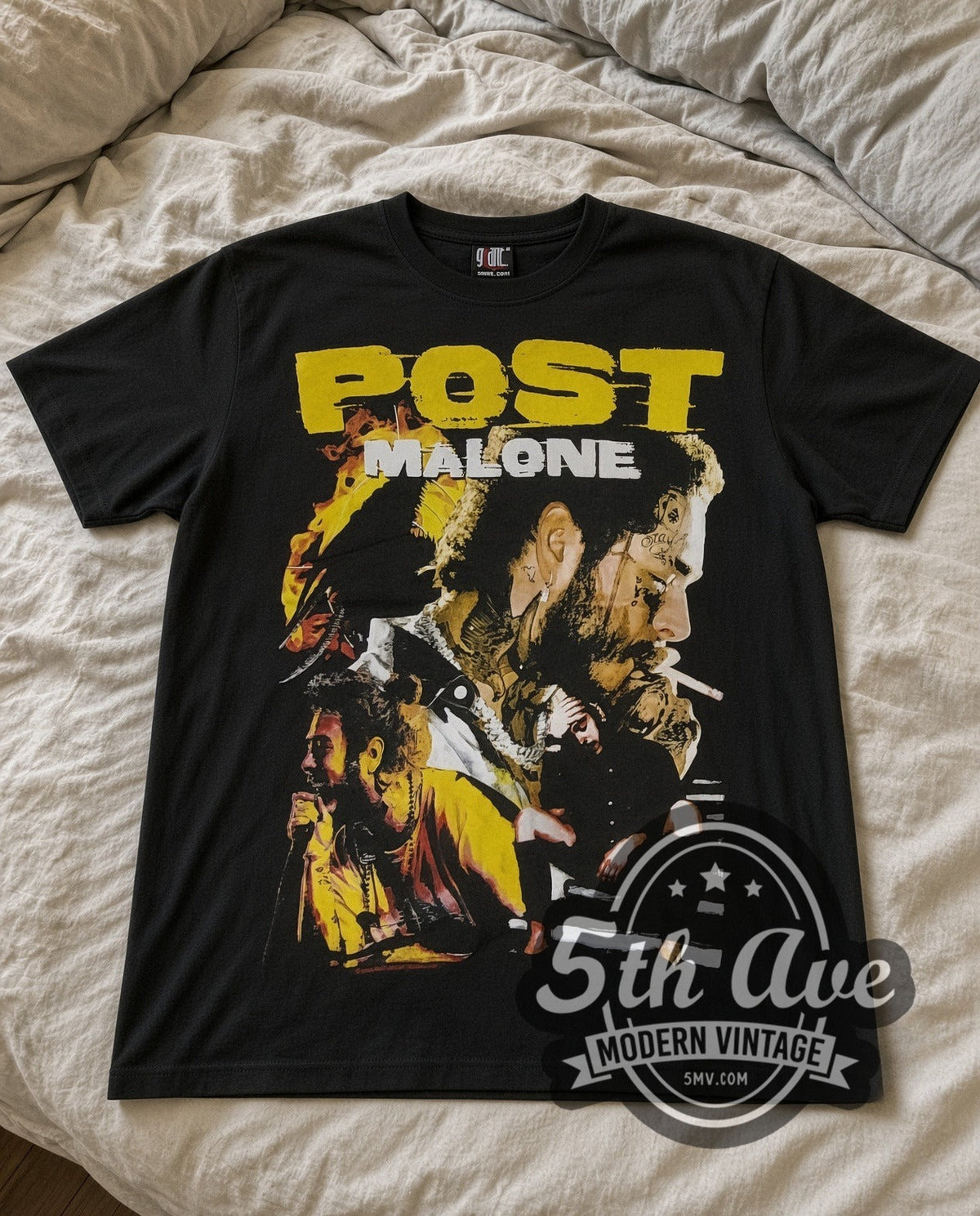 Post Malone Face Tattoos vintage rap tee in black laid flat on a bed, front artwork
