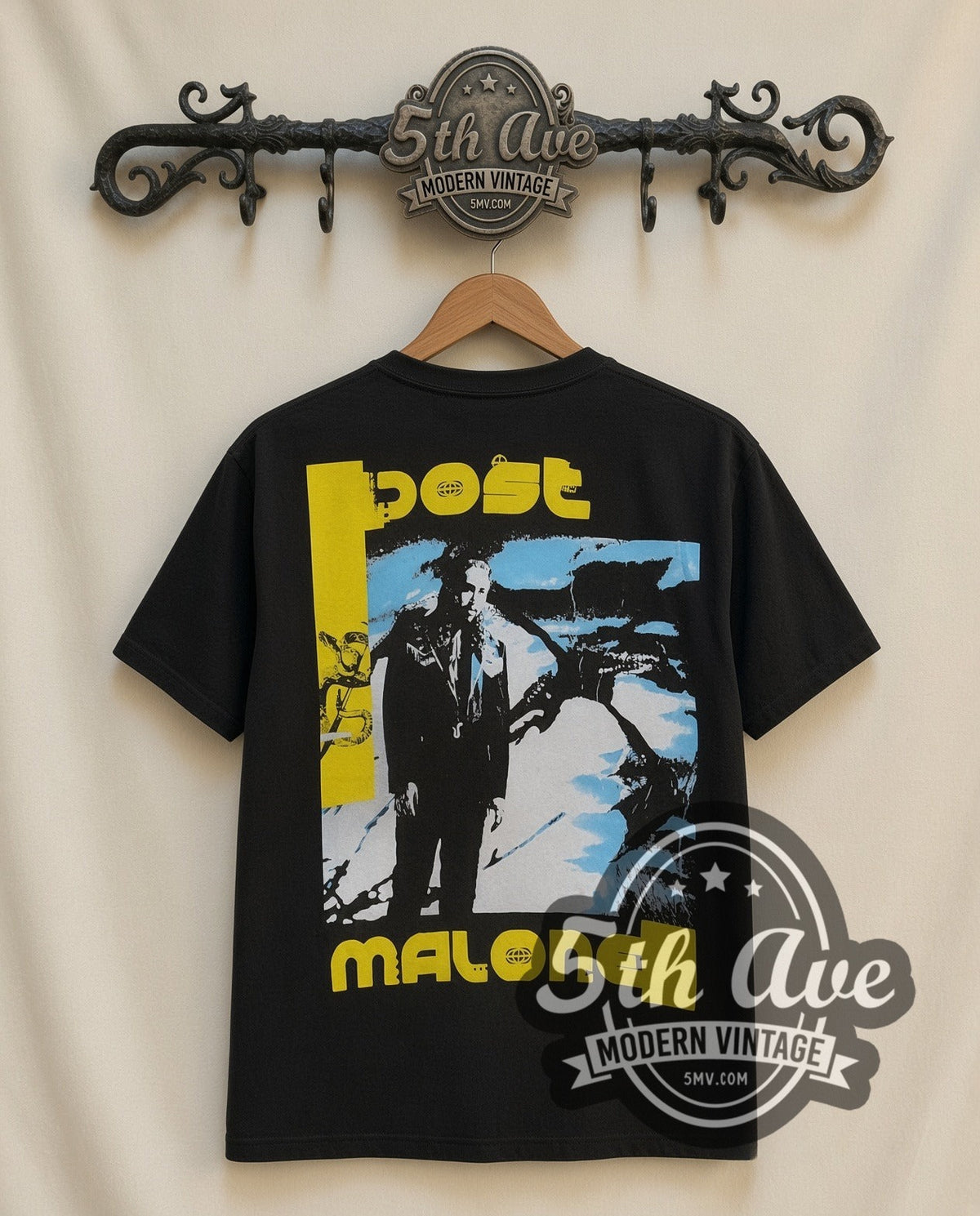 Post Malone Face Tattoos vintage rap tee in black, back view on the 5MV rack