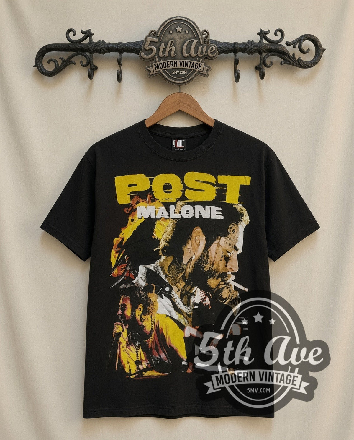 Post Malone Face Tattoos vintage rap tee in black, front view on the 5MV rack