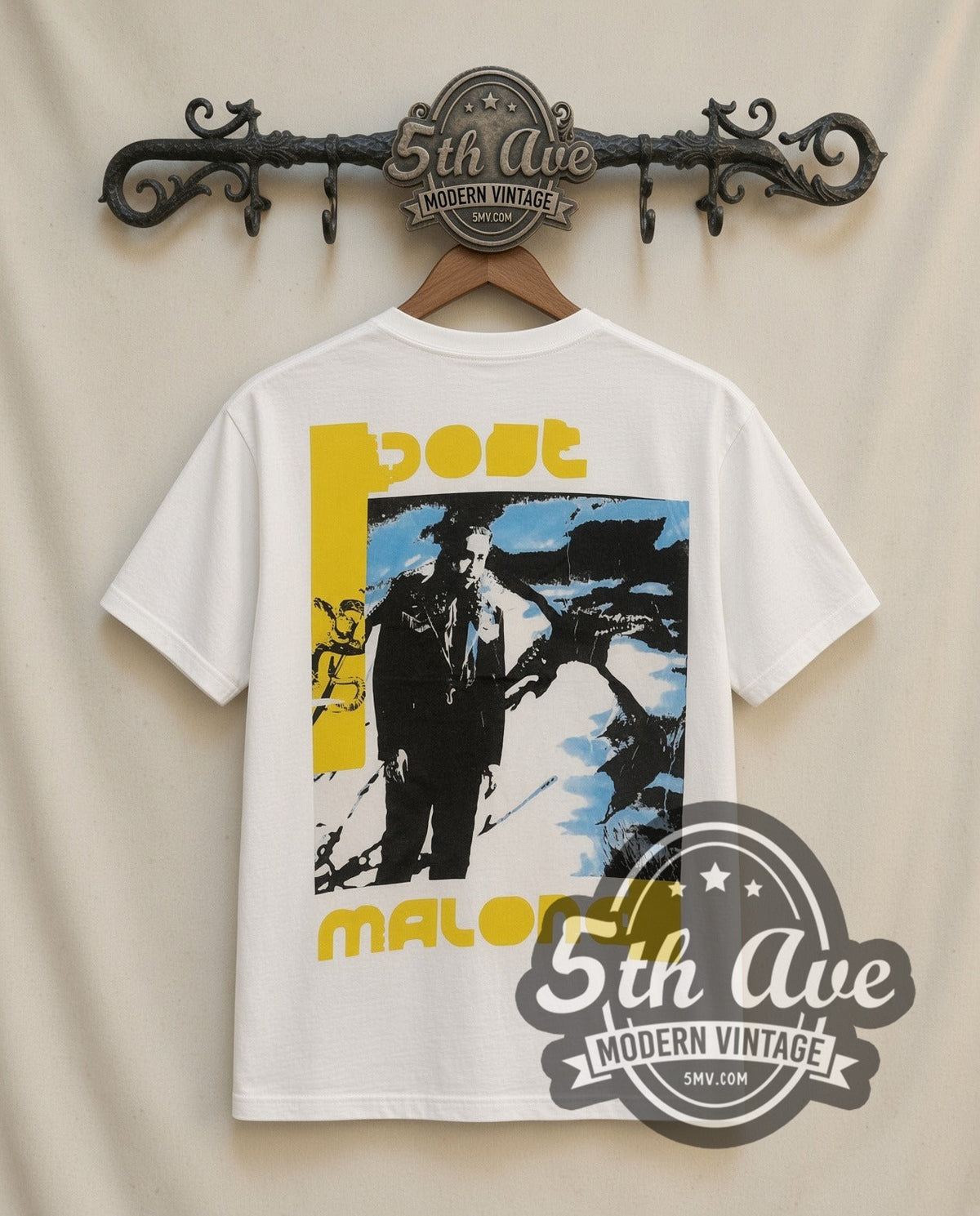 Post Malone Face Tattoos vintage rap tee in white, back view on the 5MV rack