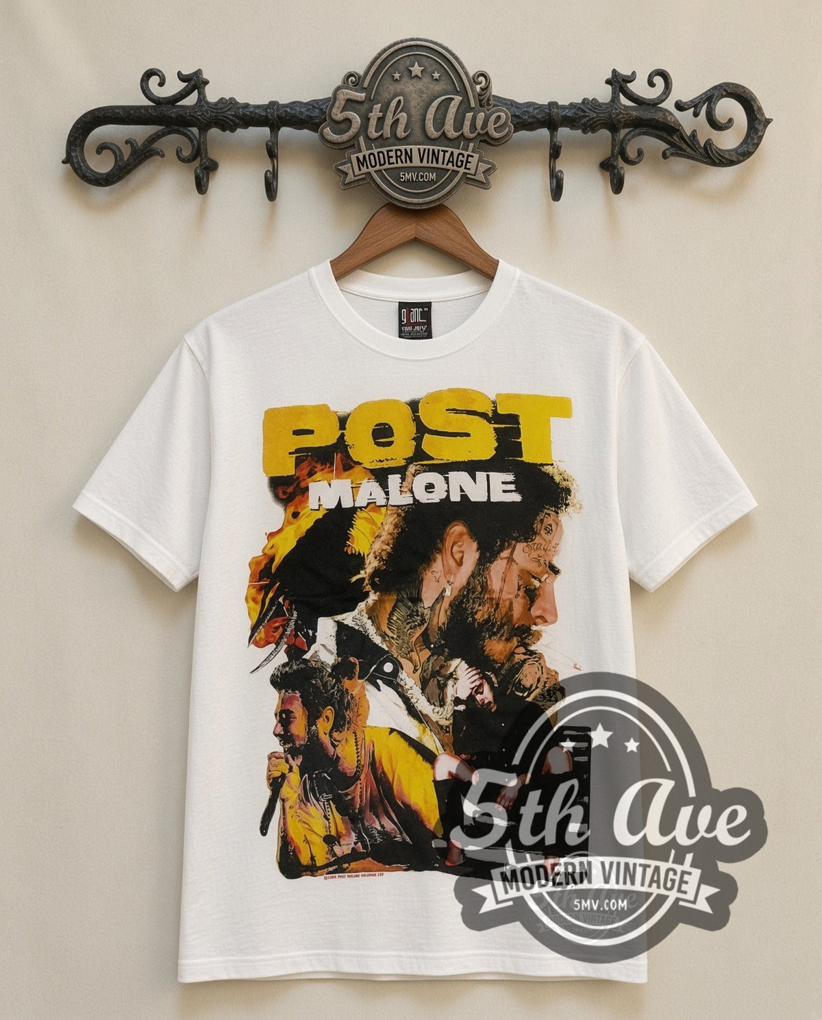 Post Malone Face Tattoos vintage rap tee in white, front view on the 5MV rack