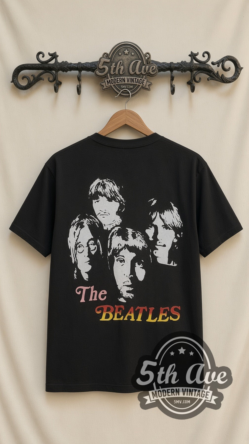 The Beatles Union Jack vintage band t-shirt in black, back view on the 5MV rack