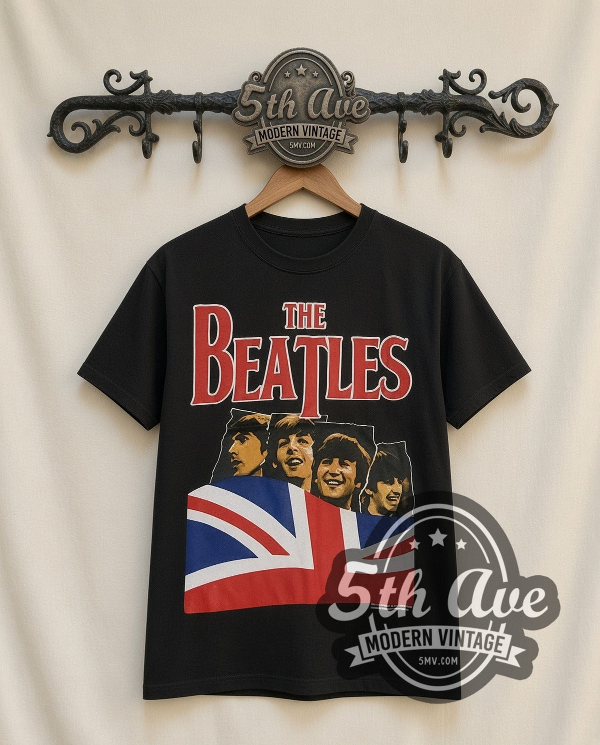 The Beatles Union Jack vintage band t-shirt in black, front view on the 5MV rack