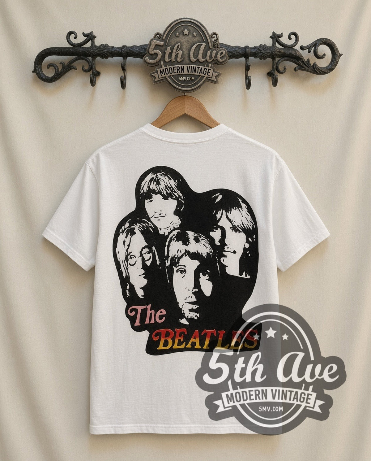 The Beatles Union Jack vintage band t-shirt in white, back view on the 5MV rack