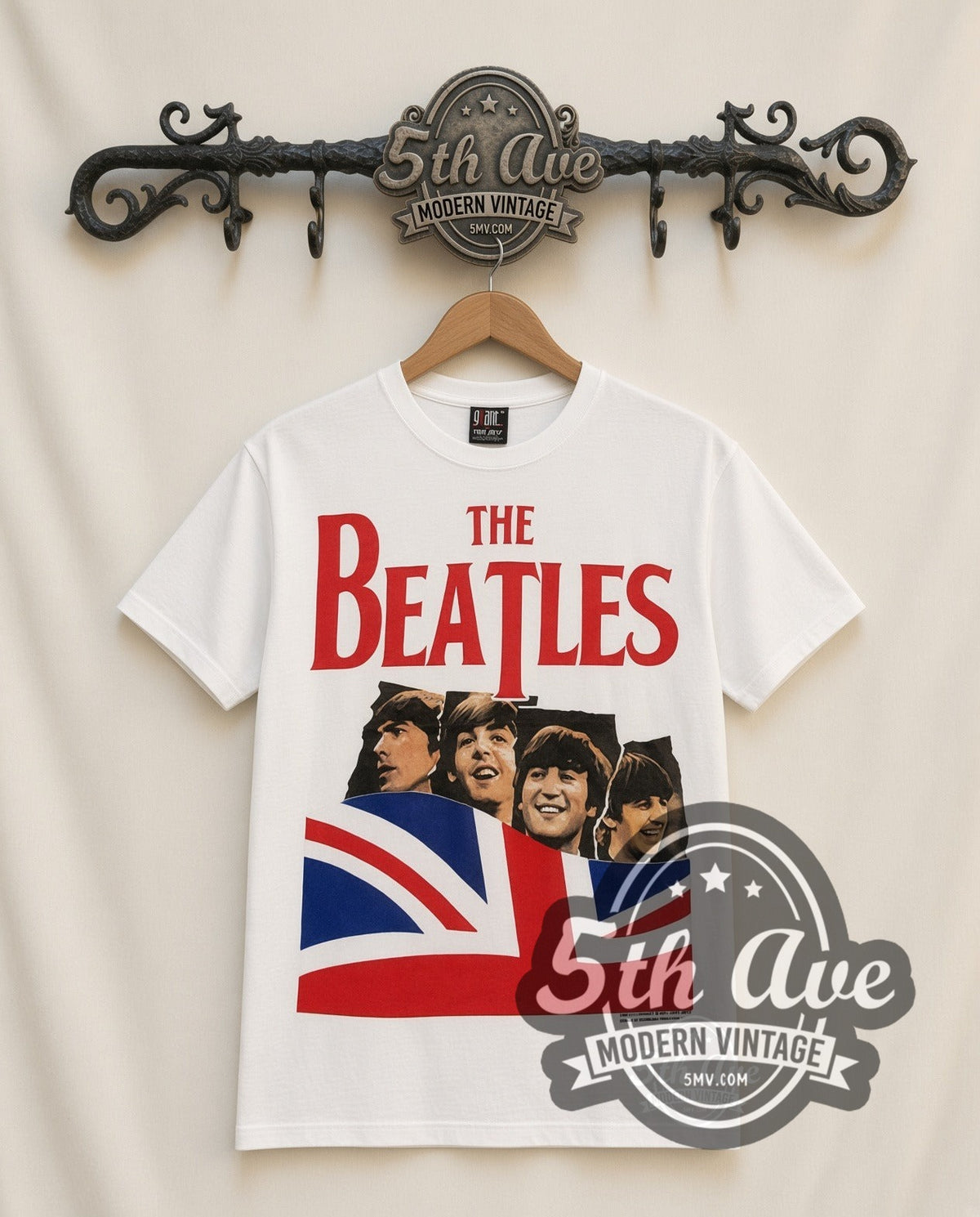 The Beatles Union Jack vintage band t-shirt in white, front view on the 5MV rack