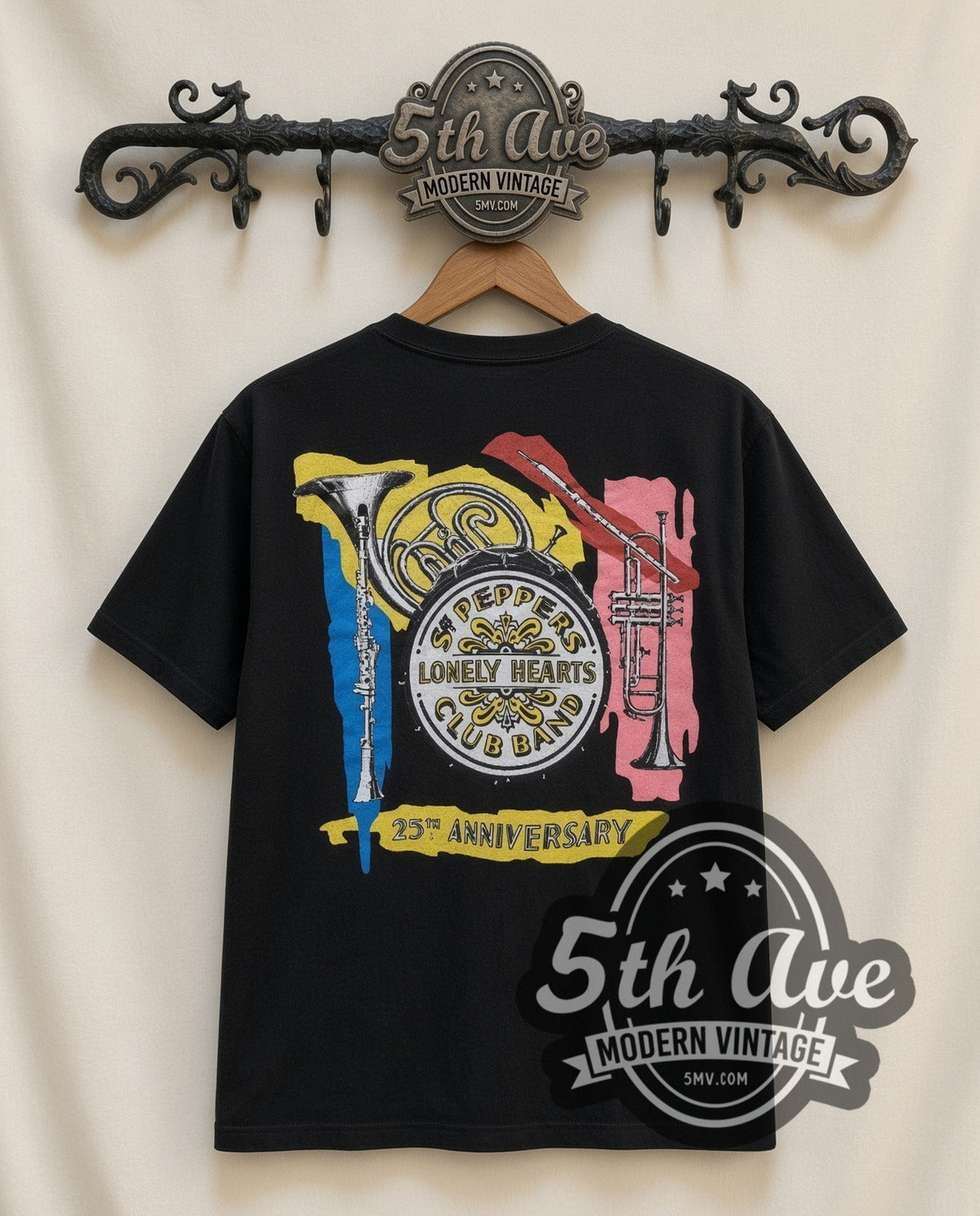 The Beatles Sgt Peppers vintage band t-shirt in black, back view on the 5MV rack